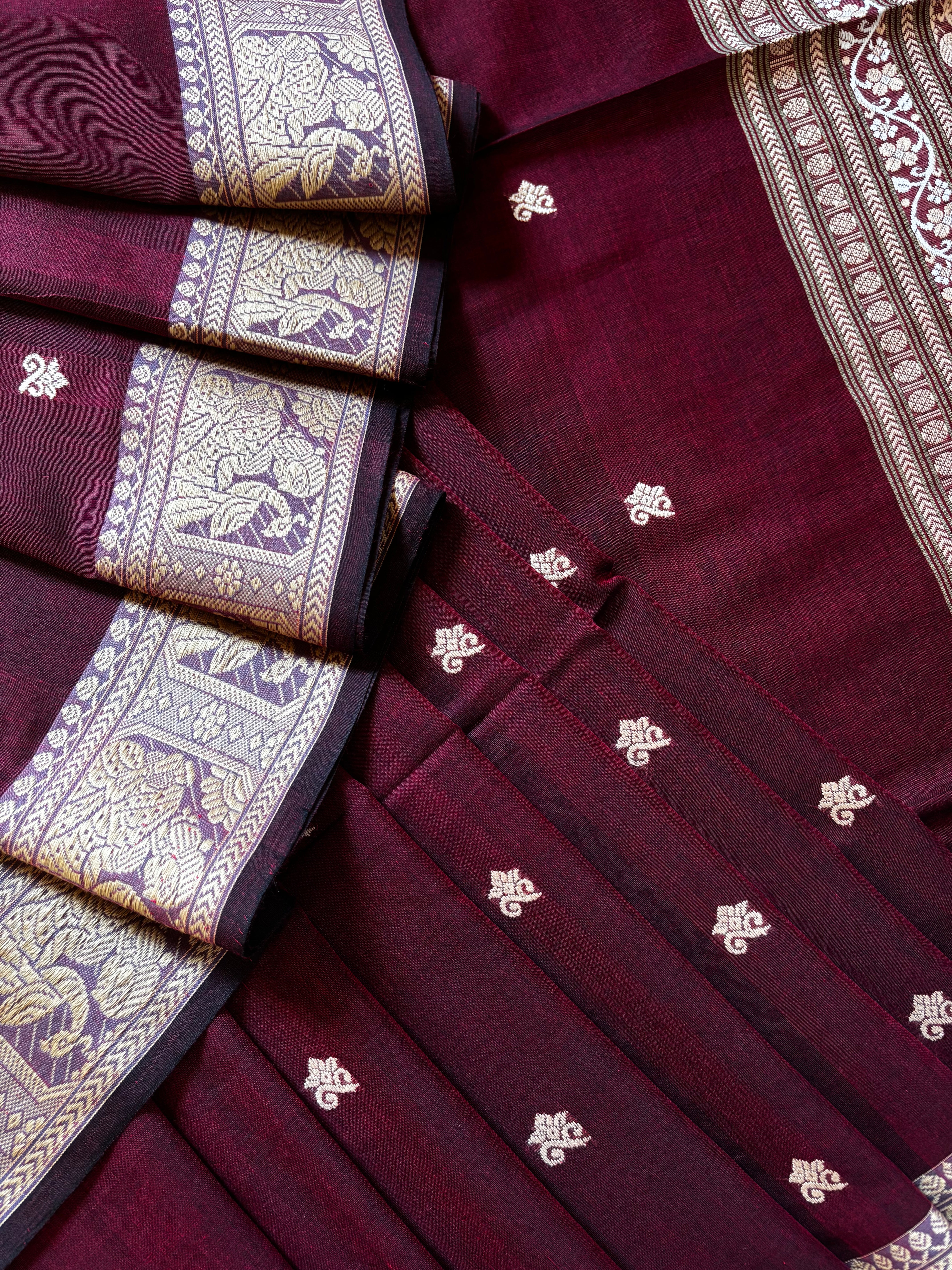 Handwoven Wine Colour Cotton Baluchari Saree