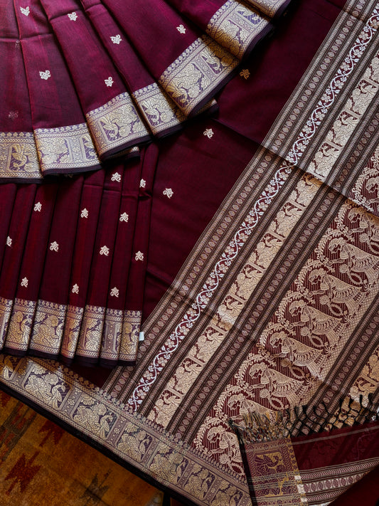 Handwoven Wine Colour Cotton Baluchari Saree