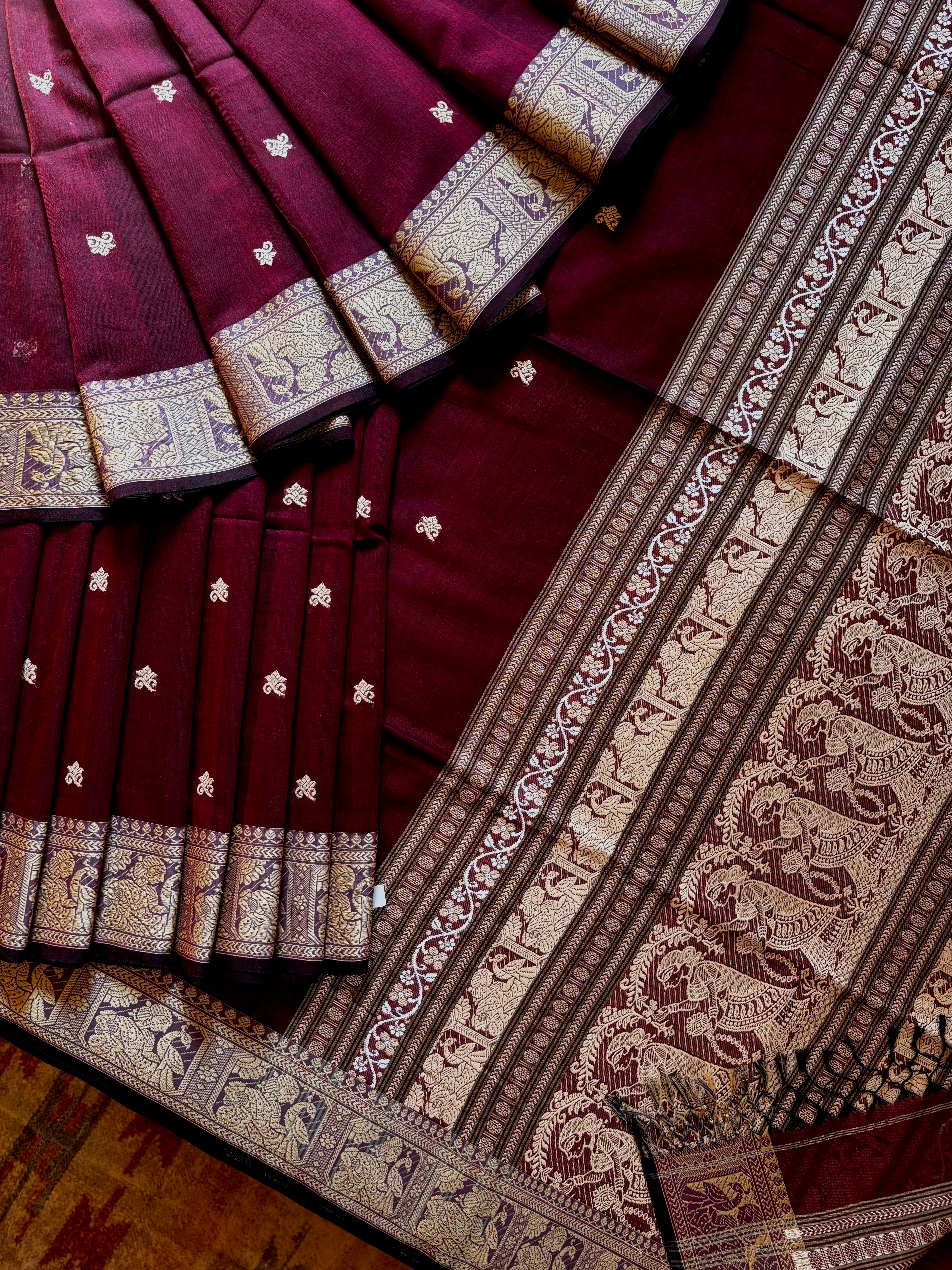 Handwoven Wine Colour Cotton Baluchari Saree