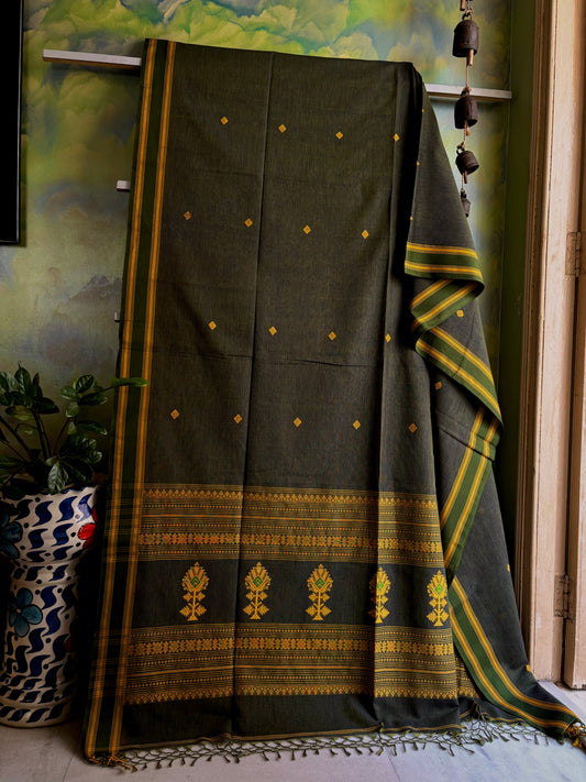 Handwoven Light Bottle Green Phulia Cotton Saree