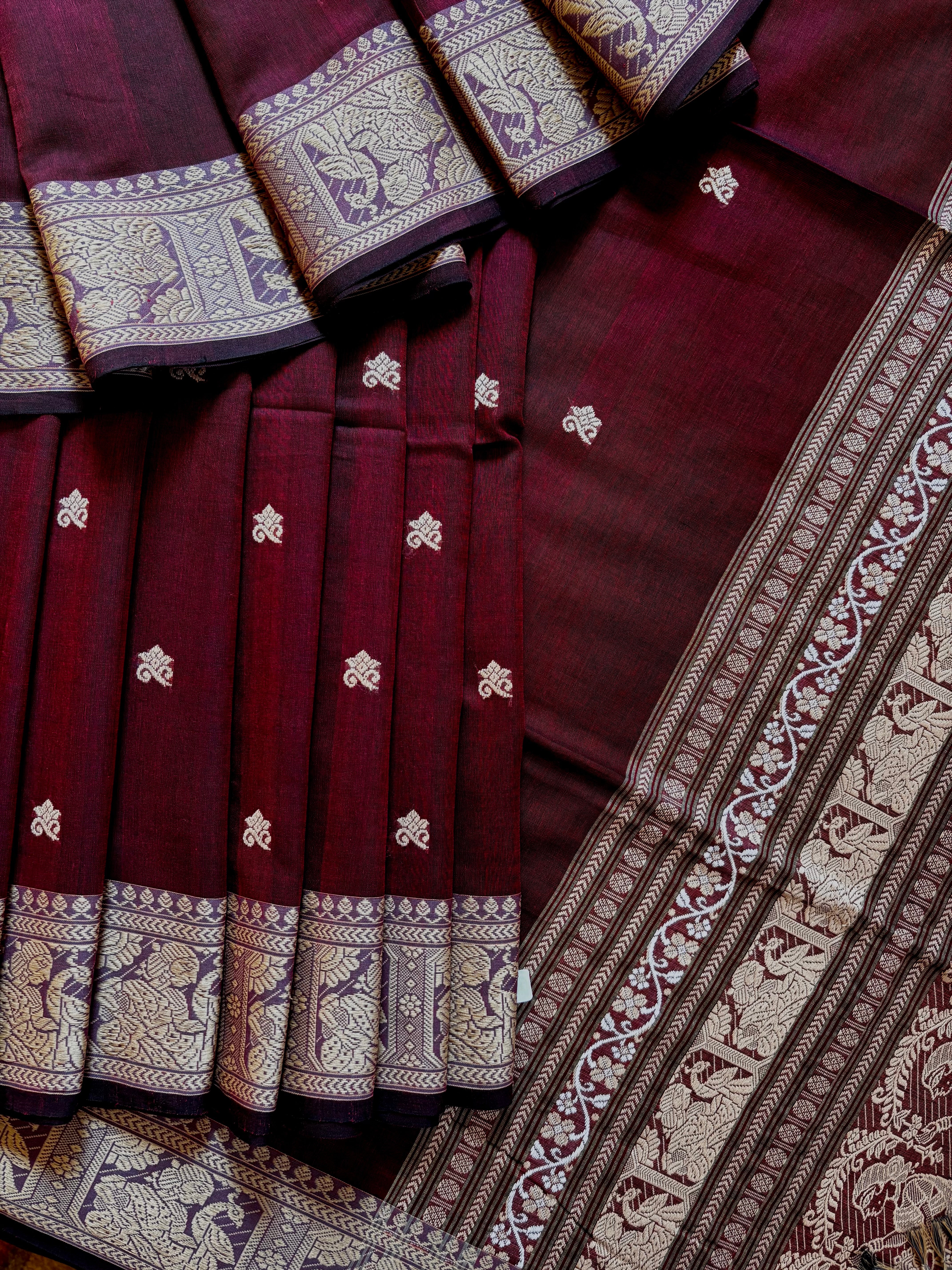 Handwoven Wine Colour Cotton Baluchari Saree