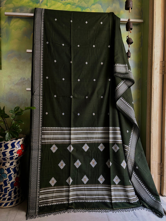 Handwoven Dark Bottle Green Phulia Cotton Saree