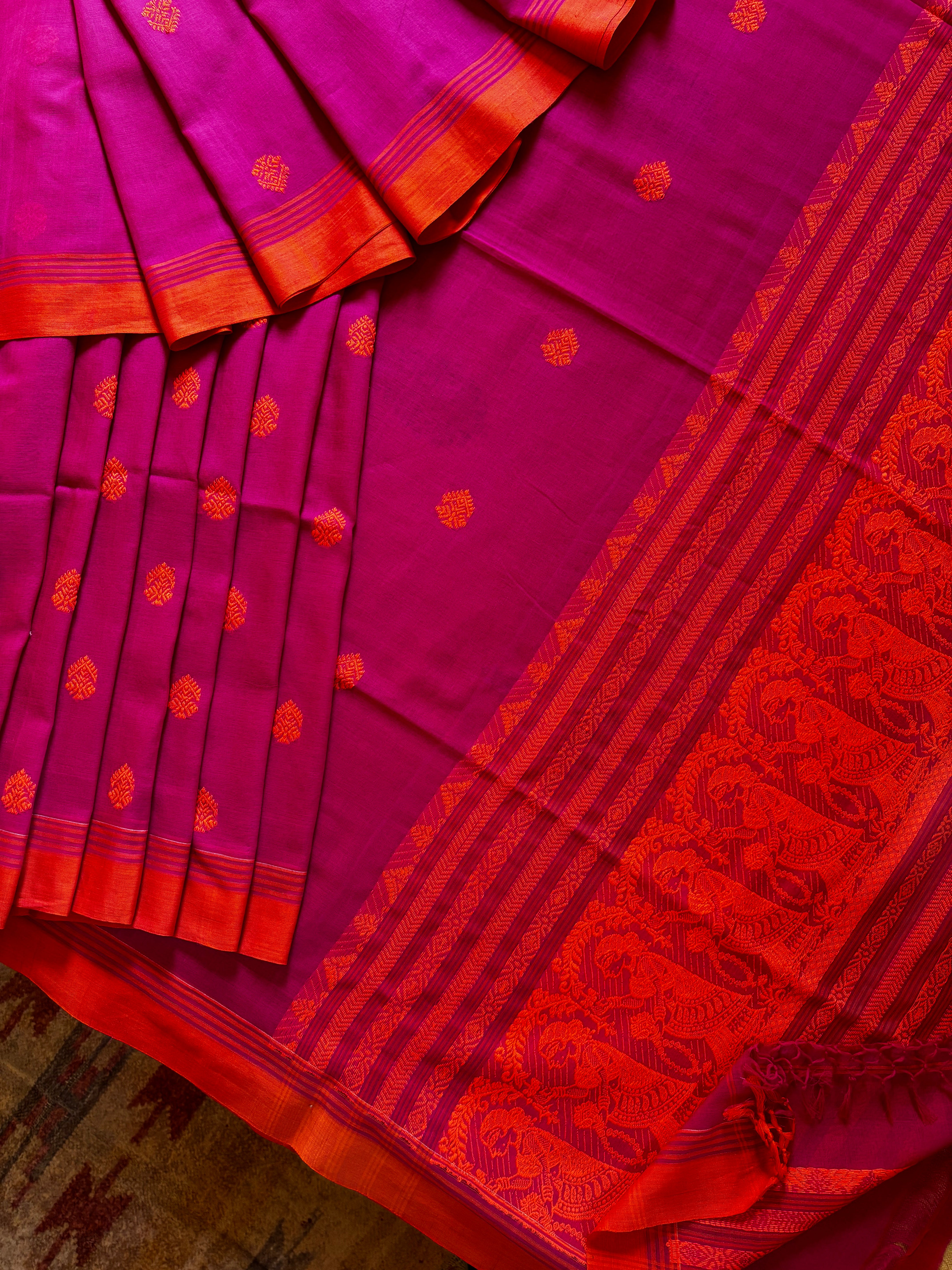 Handwoven Pink Orange Baluchari Cotton Saree