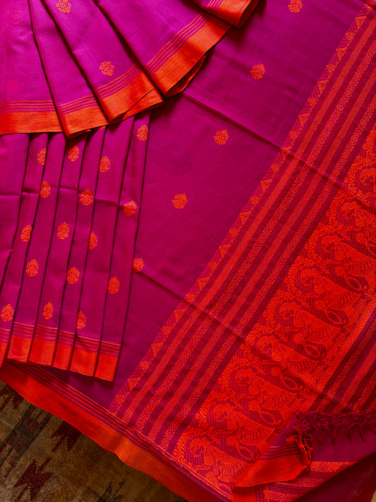 Handwoven Pink Orange Baluchari Cotton Saree