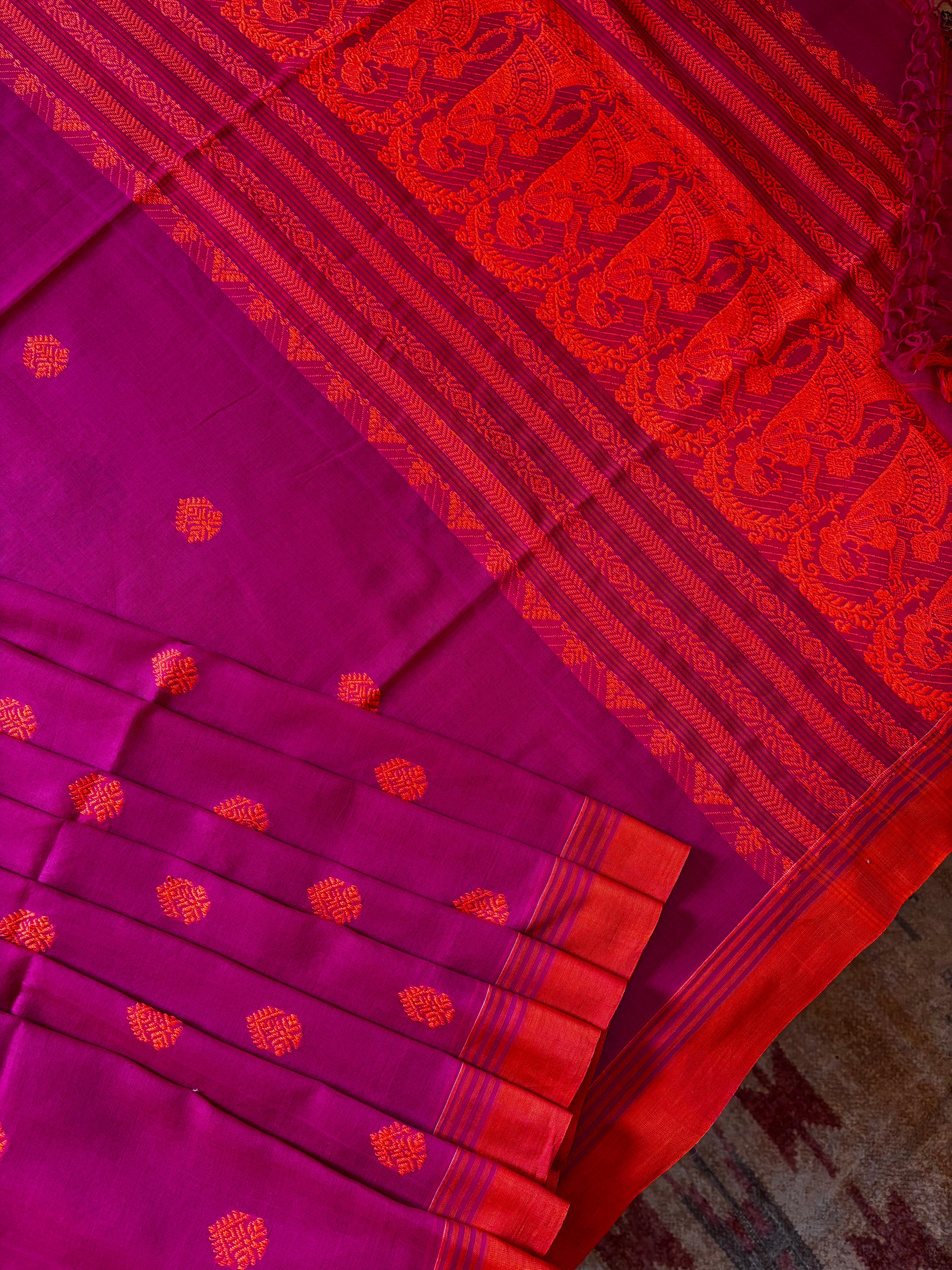 Handwoven Pink Orange Baluchari Cotton Saree