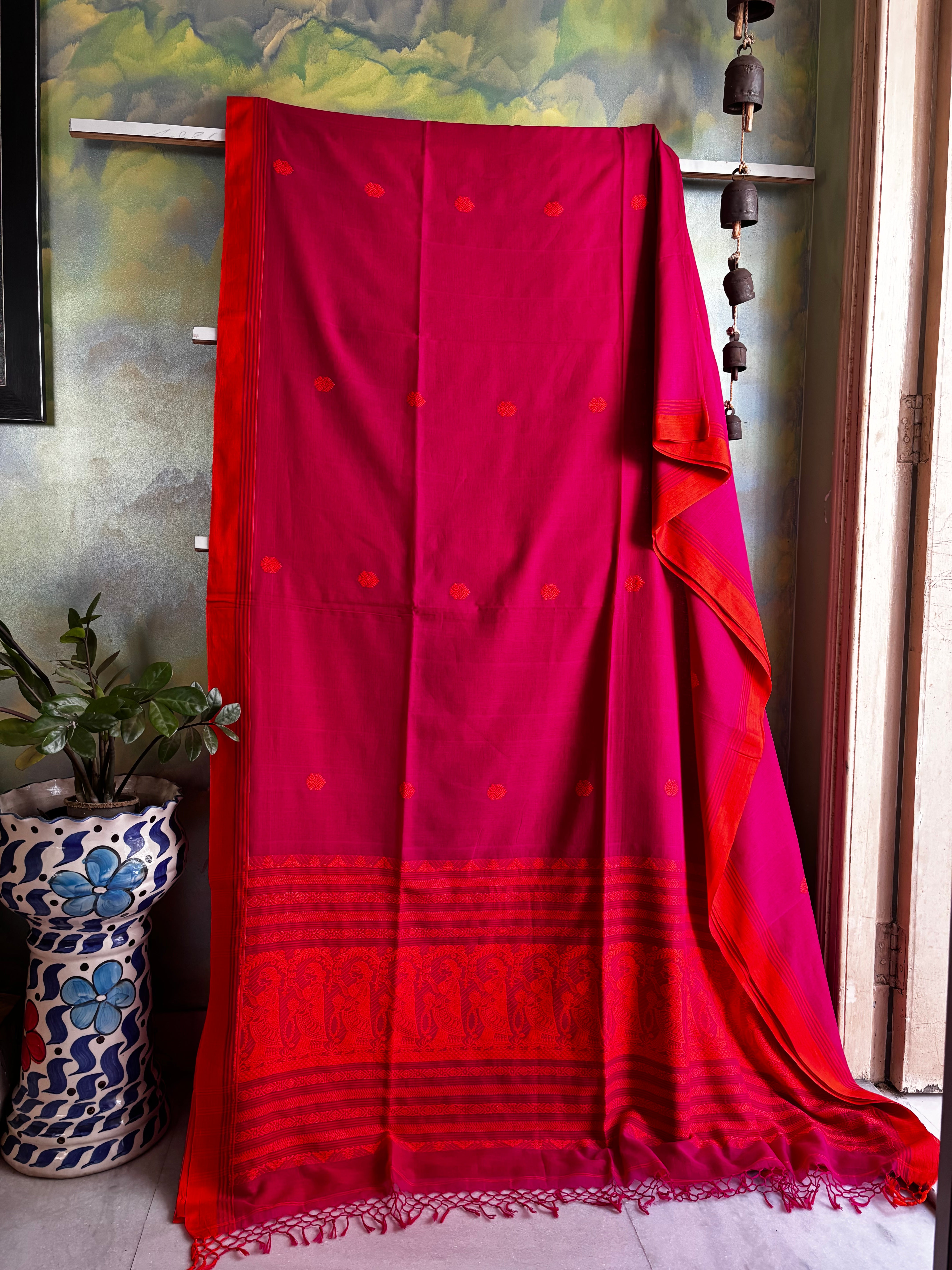 Handwoven Pink Orange Baluchari Cotton Saree