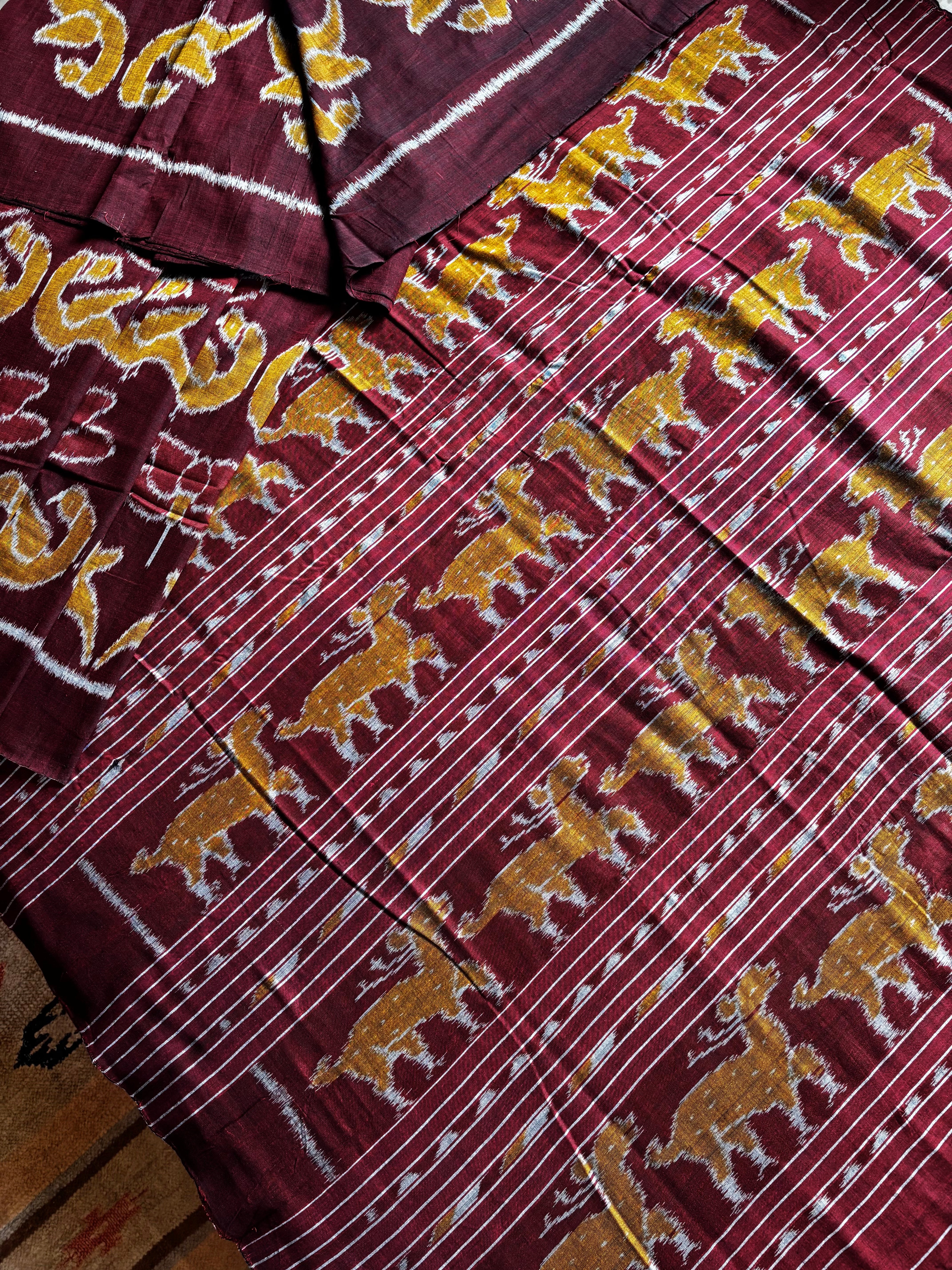Handwoven Dark Brownish Maroon Colour Lotus Parrot Odisha Cotton Ikkat Saree