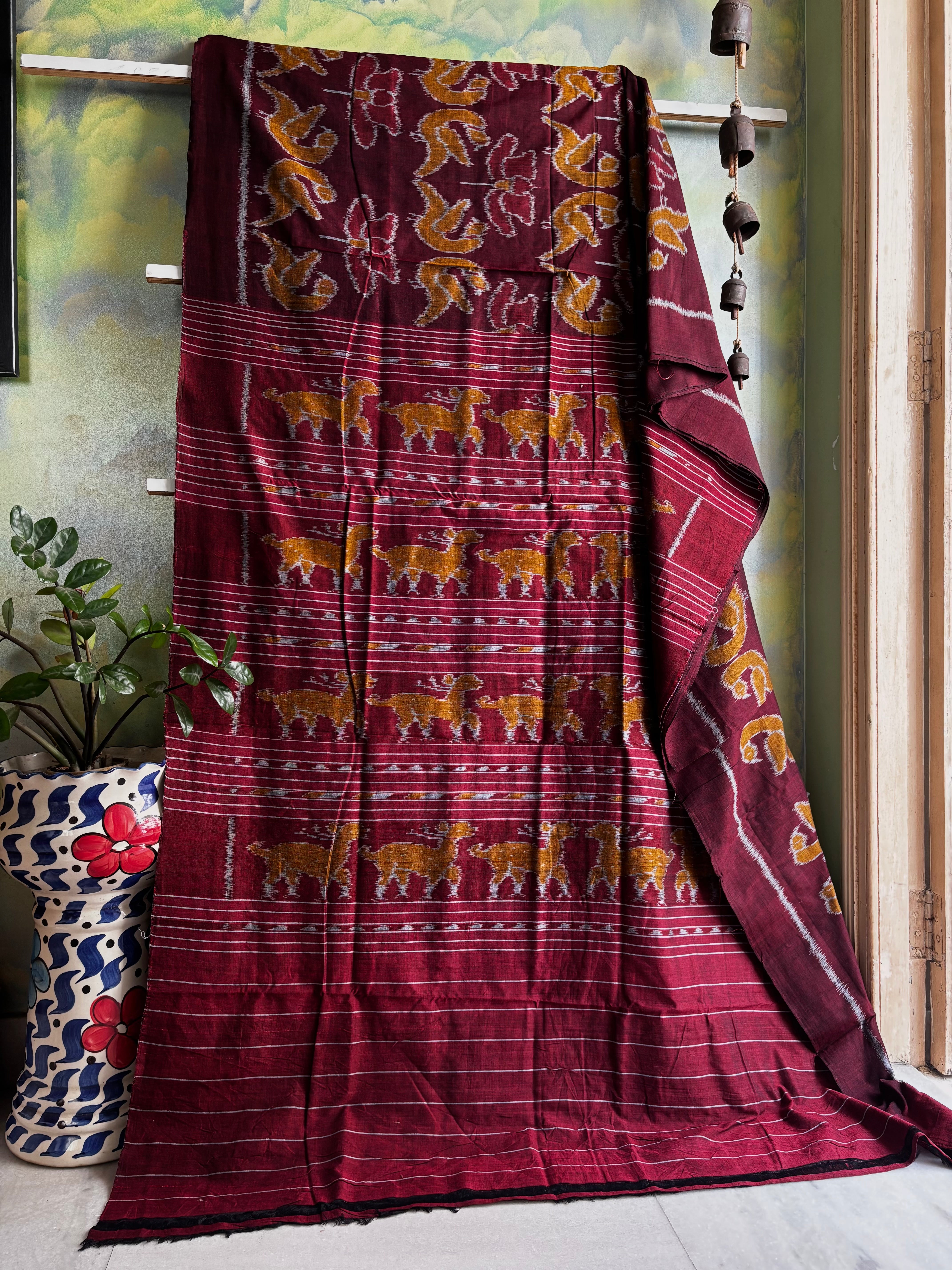 Handwoven Dark Brownish Maroon Colour Lotus Parrot Odisha Cotton Ikkat Saree