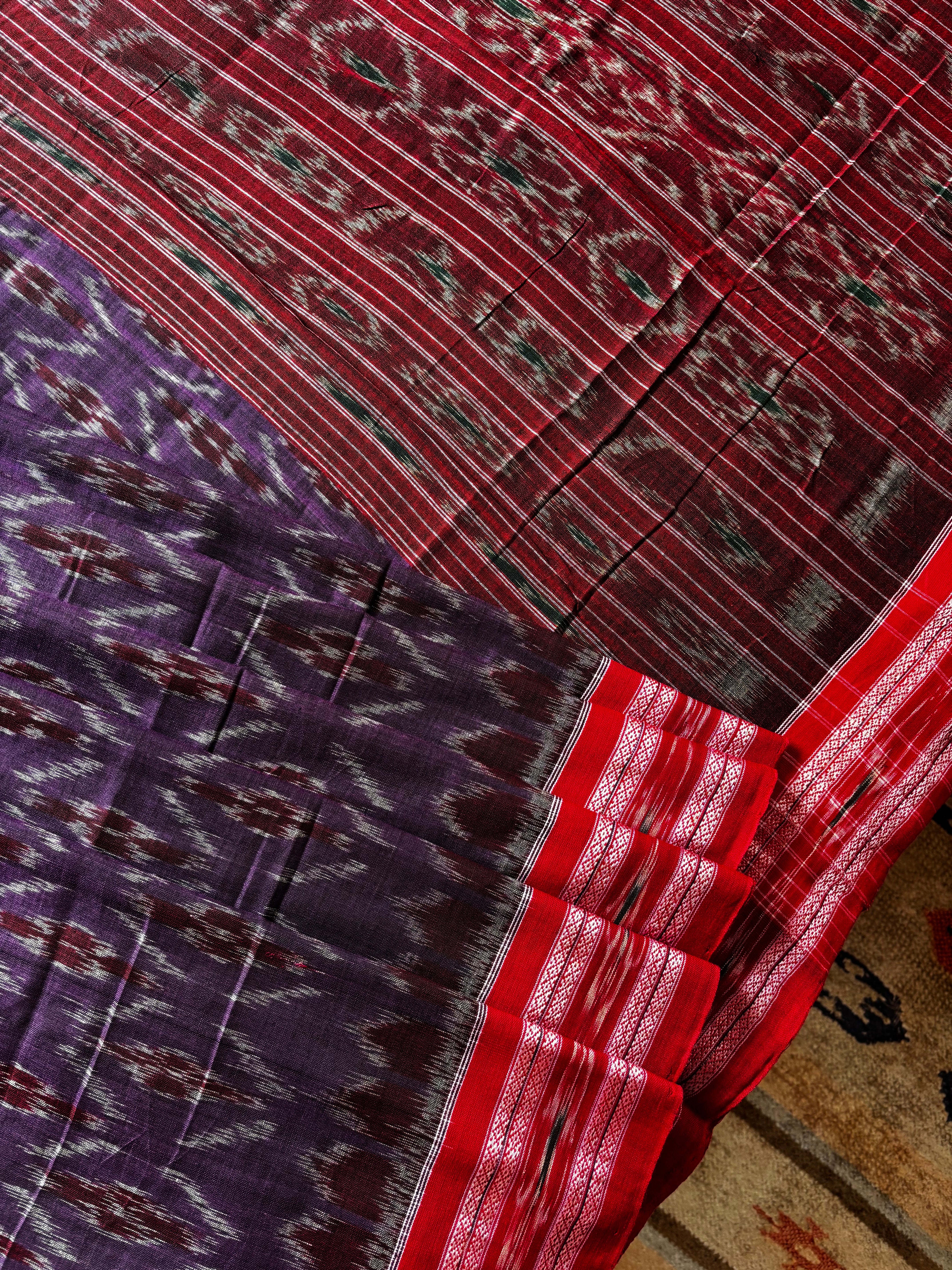 Handwoven Purple Red Colour Odisha Cotton Ikkat Saree