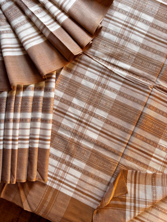 Handwoven White Beige Dhonekhali Cotton Saree