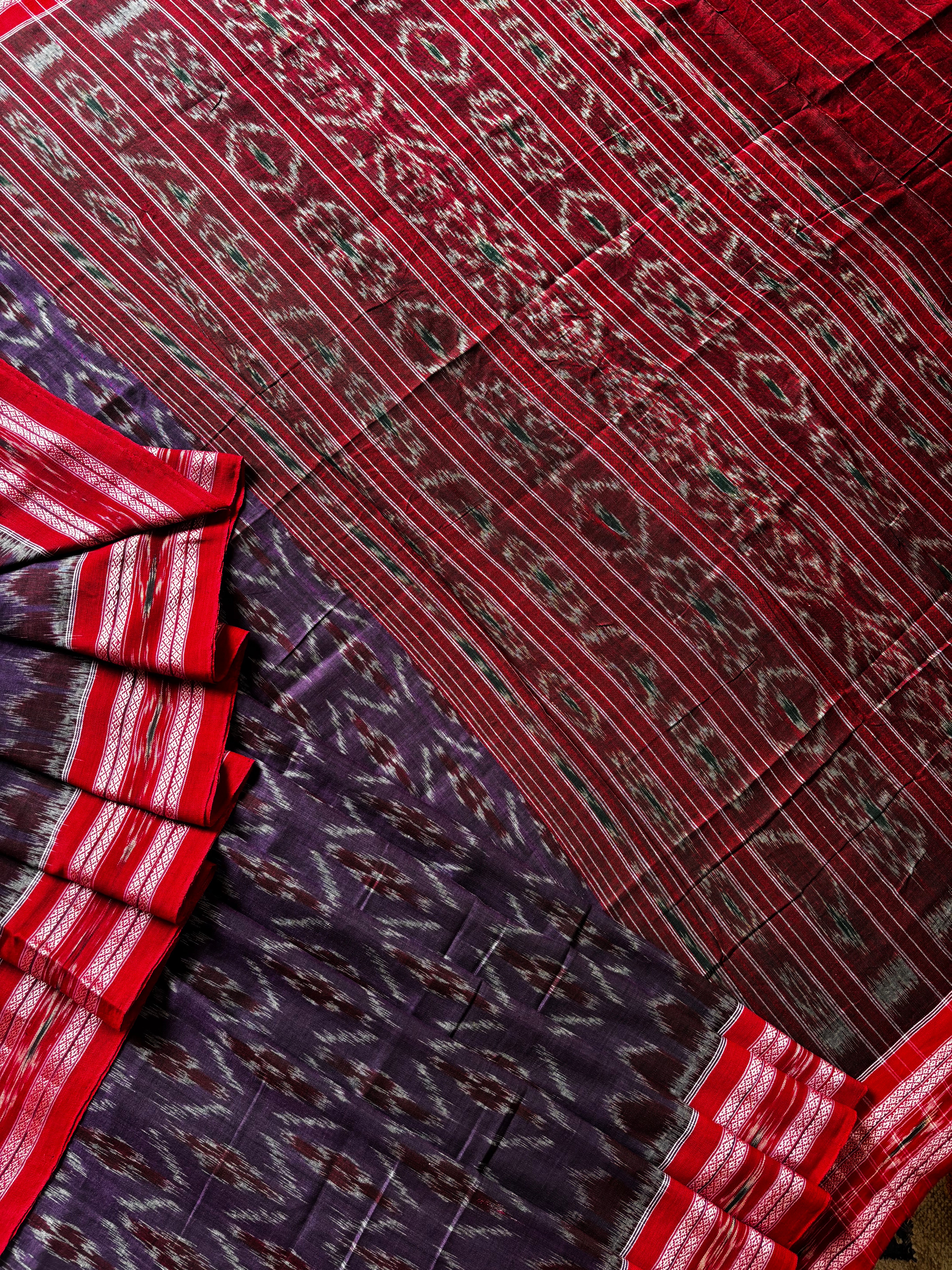 Handwoven Purple Red Colour Odisha Cotton Ikkat Saree