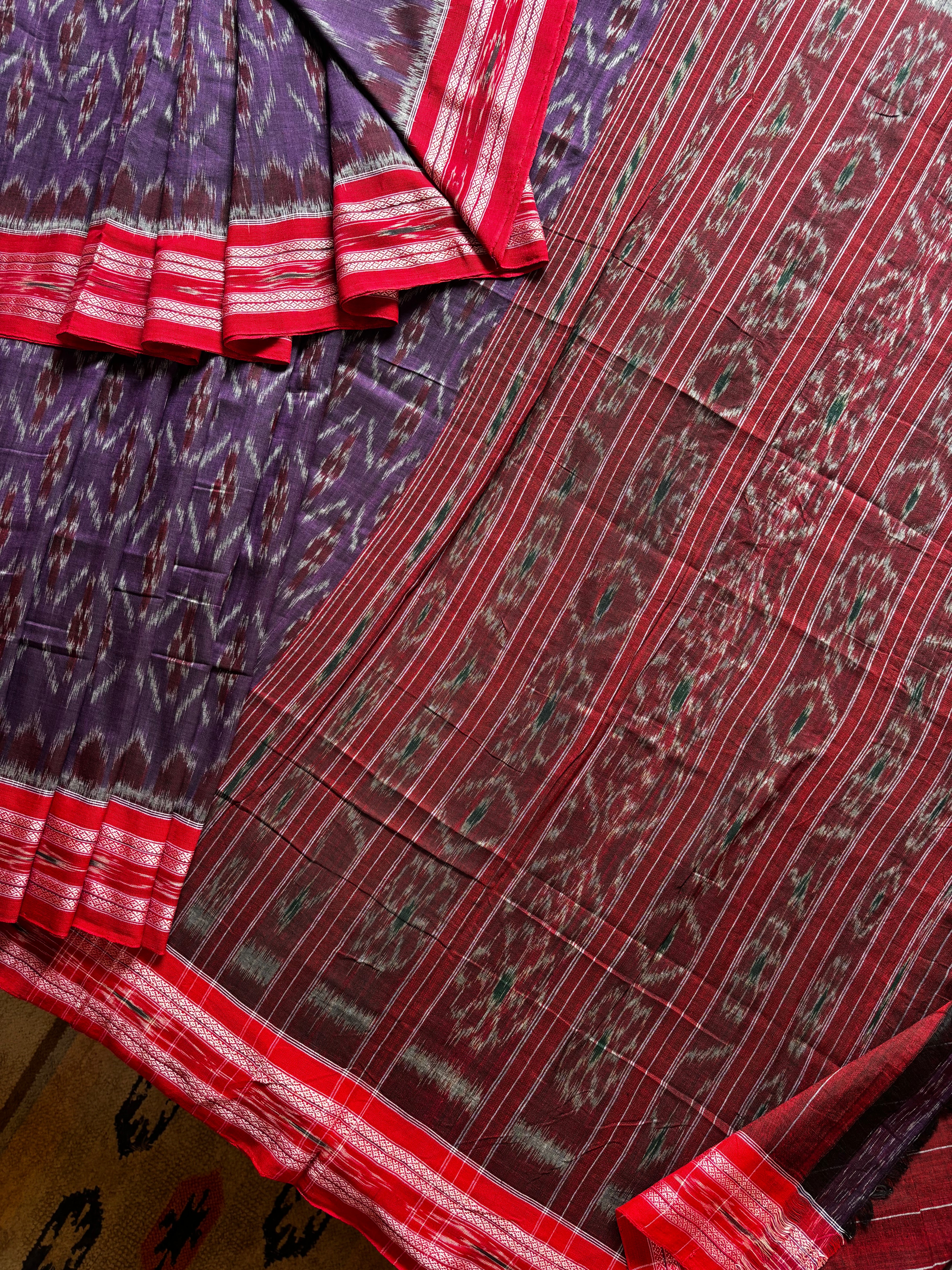 Handwoven Purple Red Colour Odisha Cotton Ikkat Saree