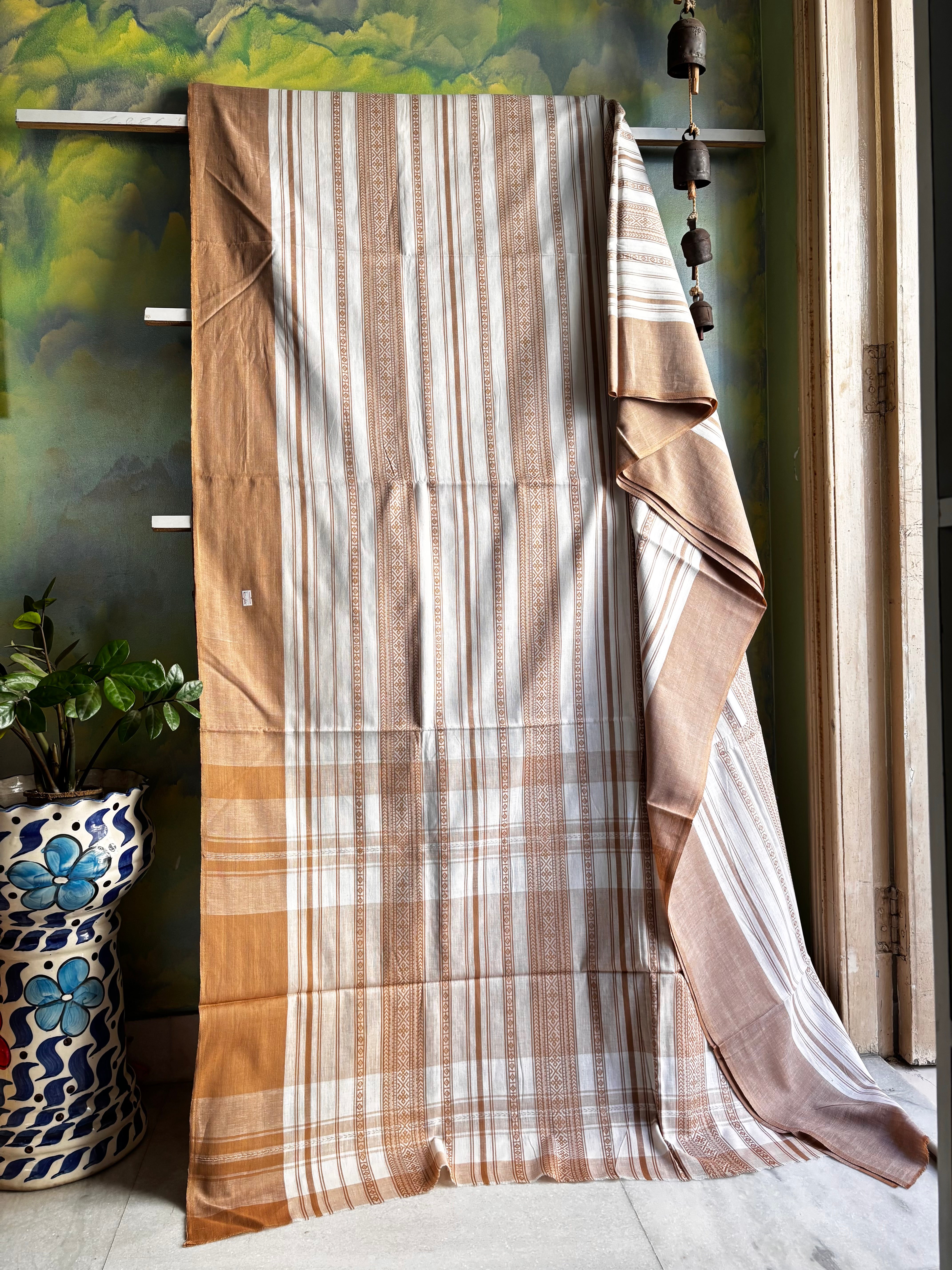 Handwoven White Beige Dhonekhali Cotton Saree