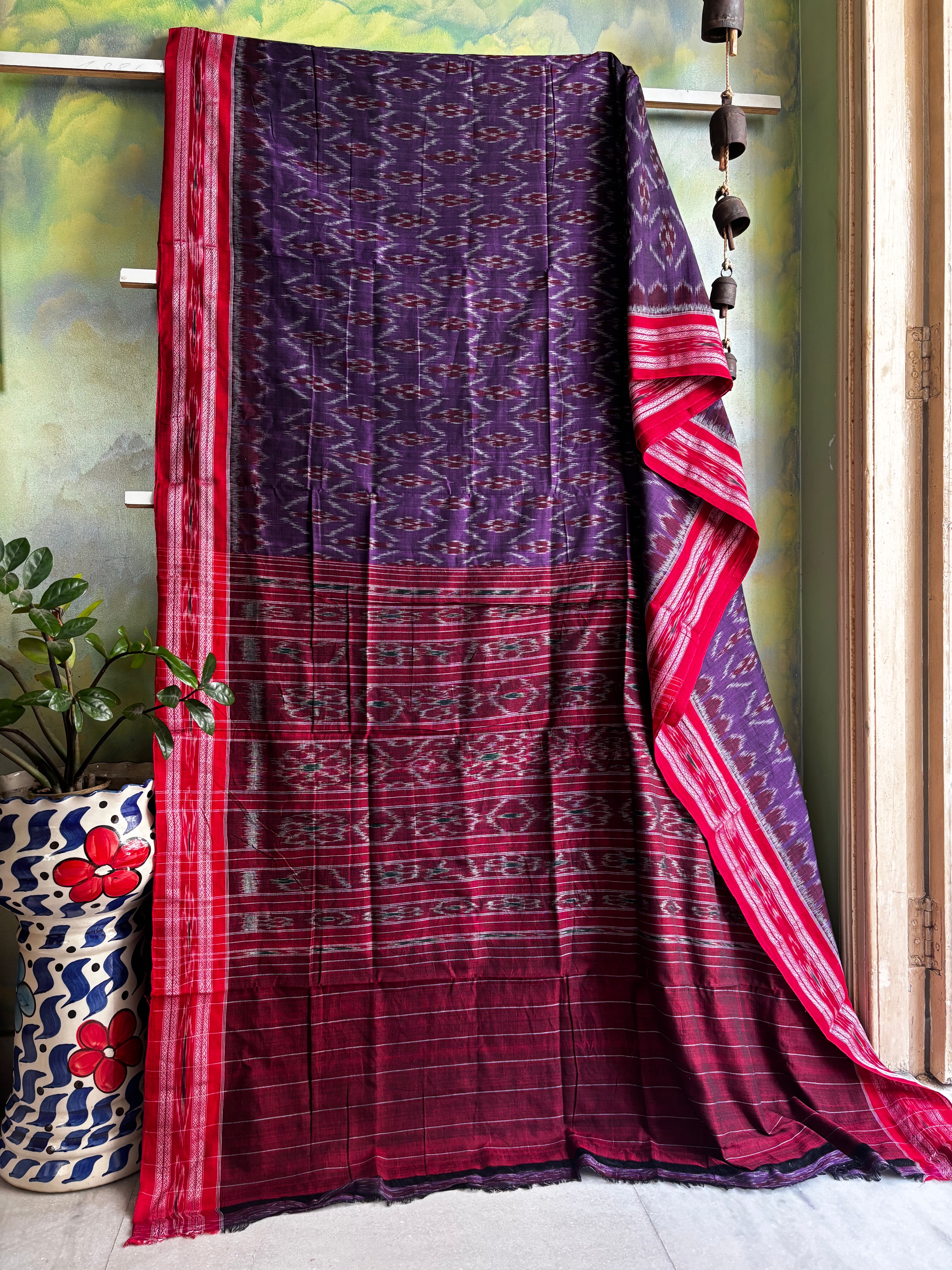 Handwoven Purple Red Colour Odisha Cotton Ikkat Saree