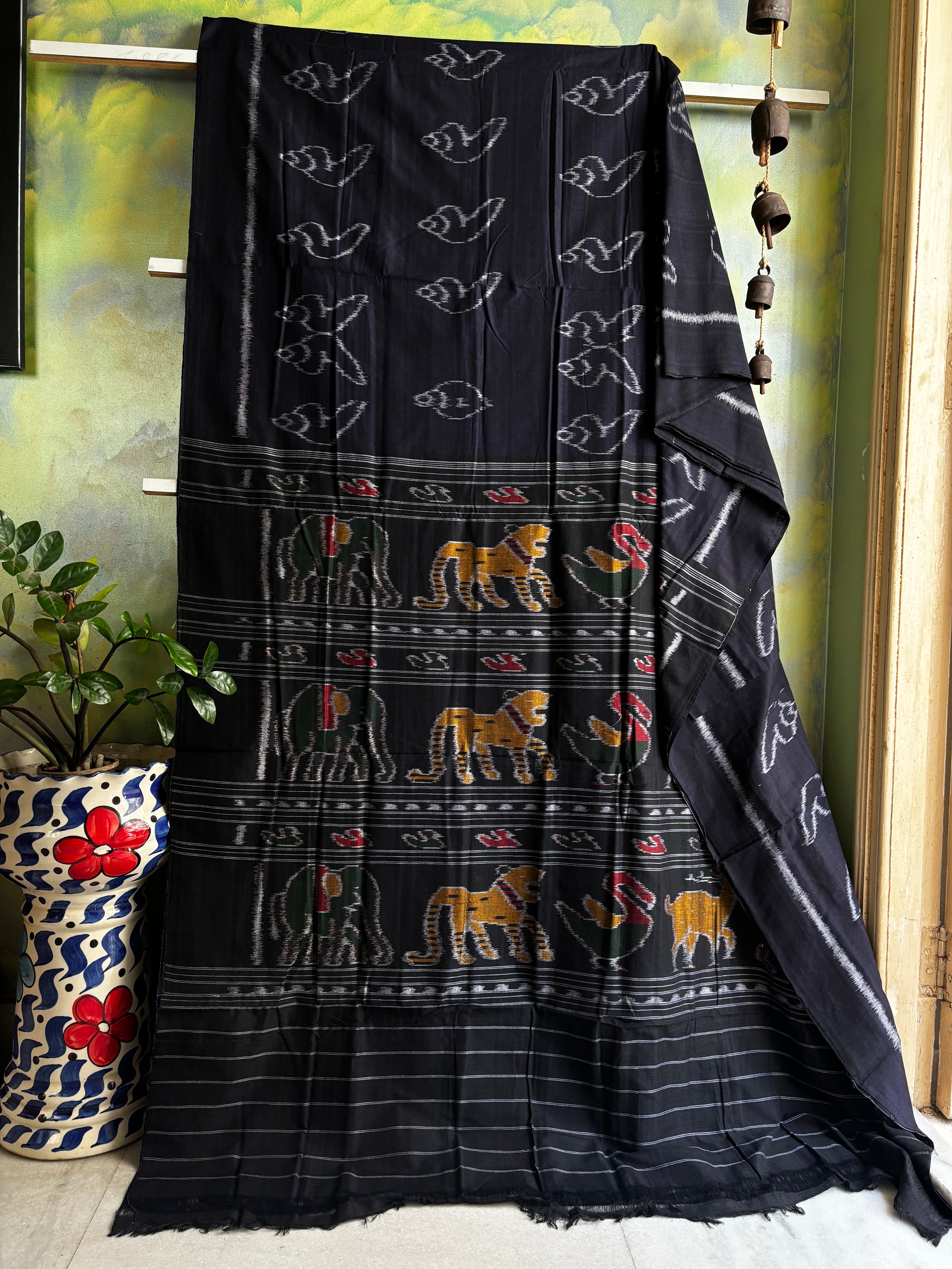 Handwoven Dark Midnight Blue Colour Odisha Cotton Ikkat Saree