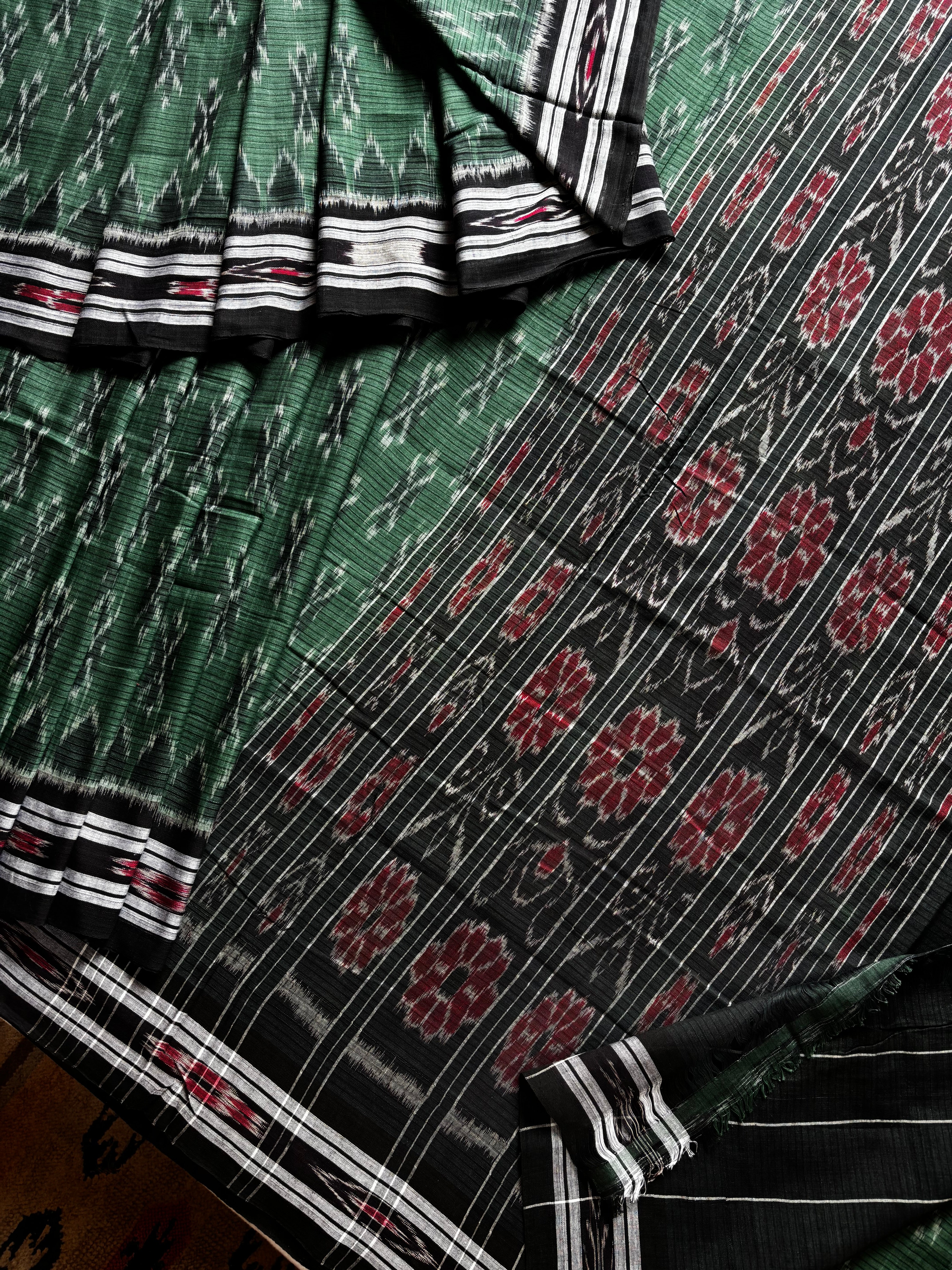 Handwoven Green Colour Odisha Cotton Ikkat Saree