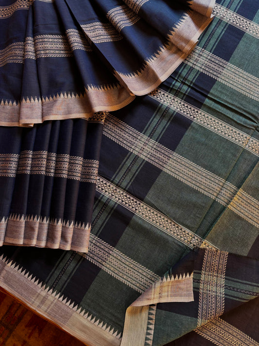 Handwoven Navy Blue Colour Dhonekhali Cotton Saree