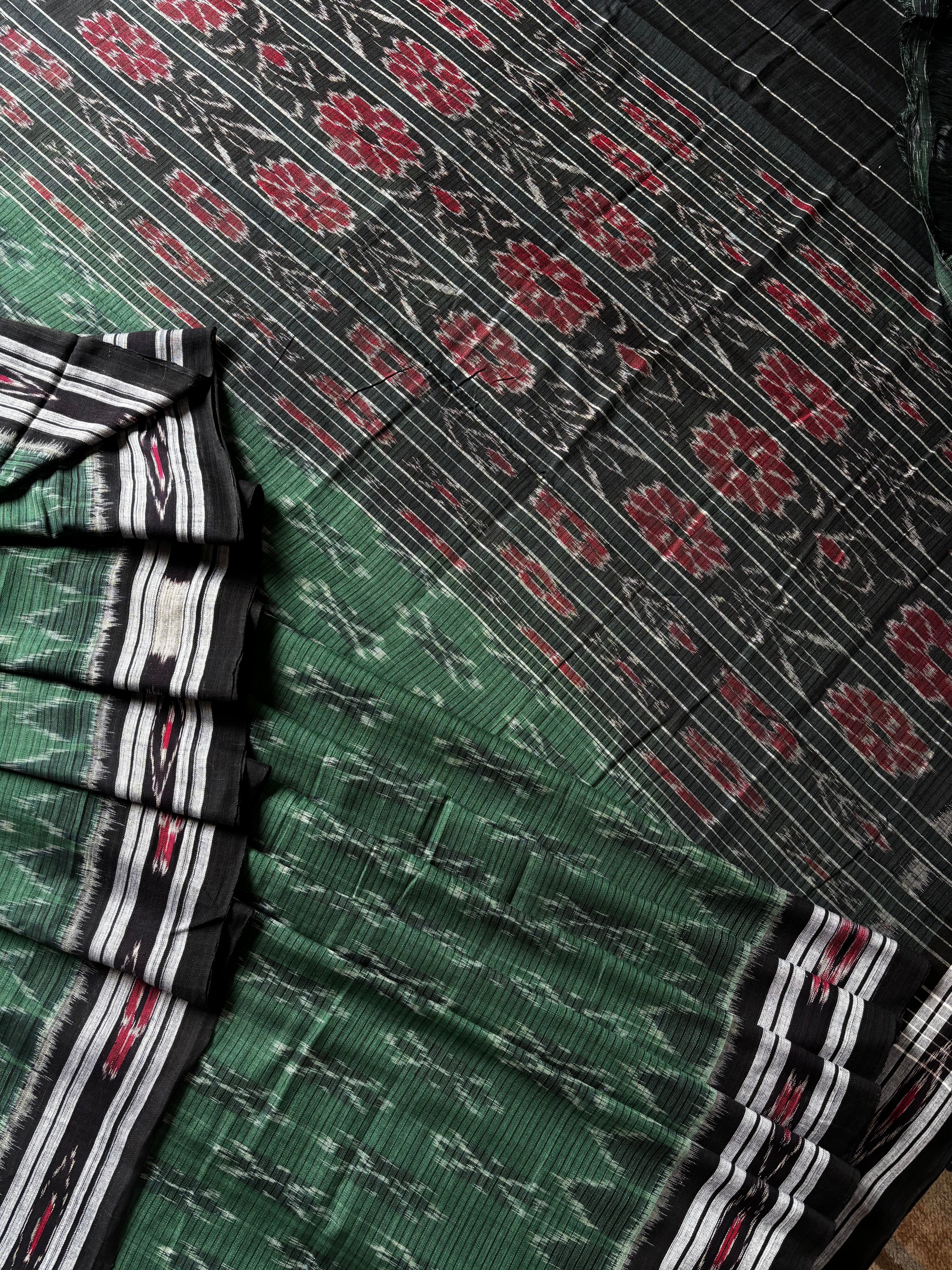 Handwoven Green Colour Odisha Cotton Ikkat Saree