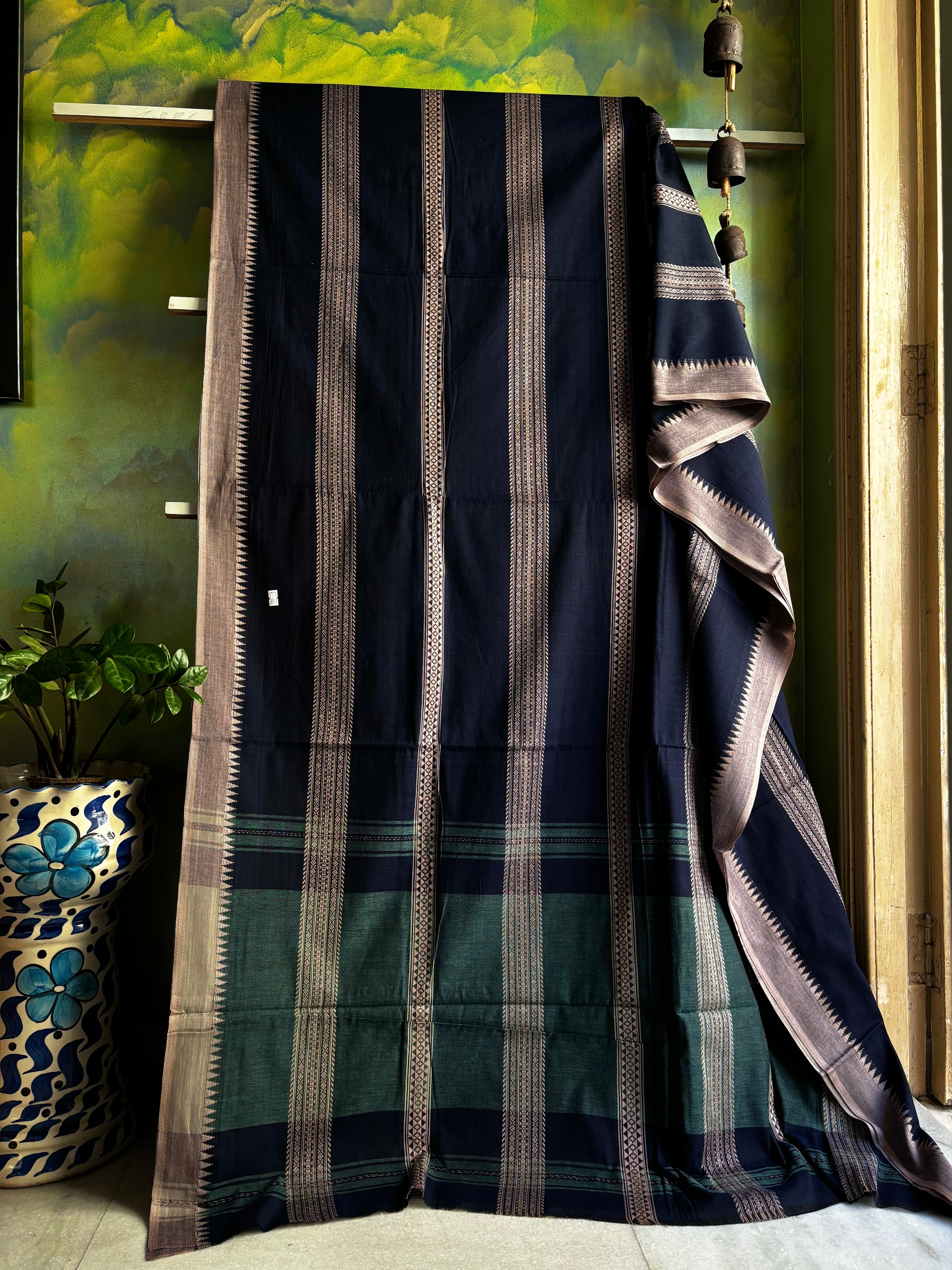 Handwoven Navy Blue Colour Dhonekhali Cotton Saree