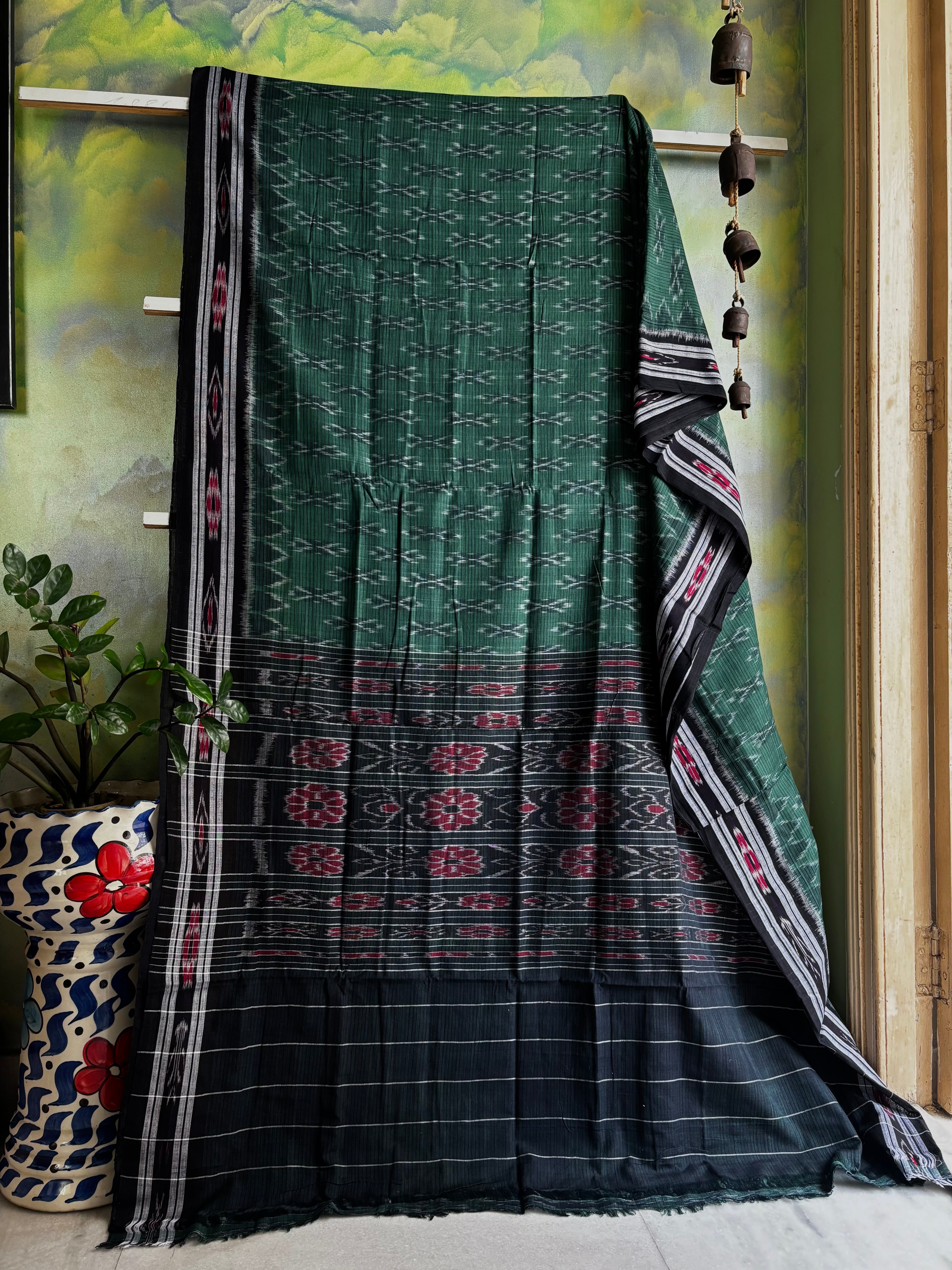 Handwoven Green Colour Odisha Cotton Ikkat Saree