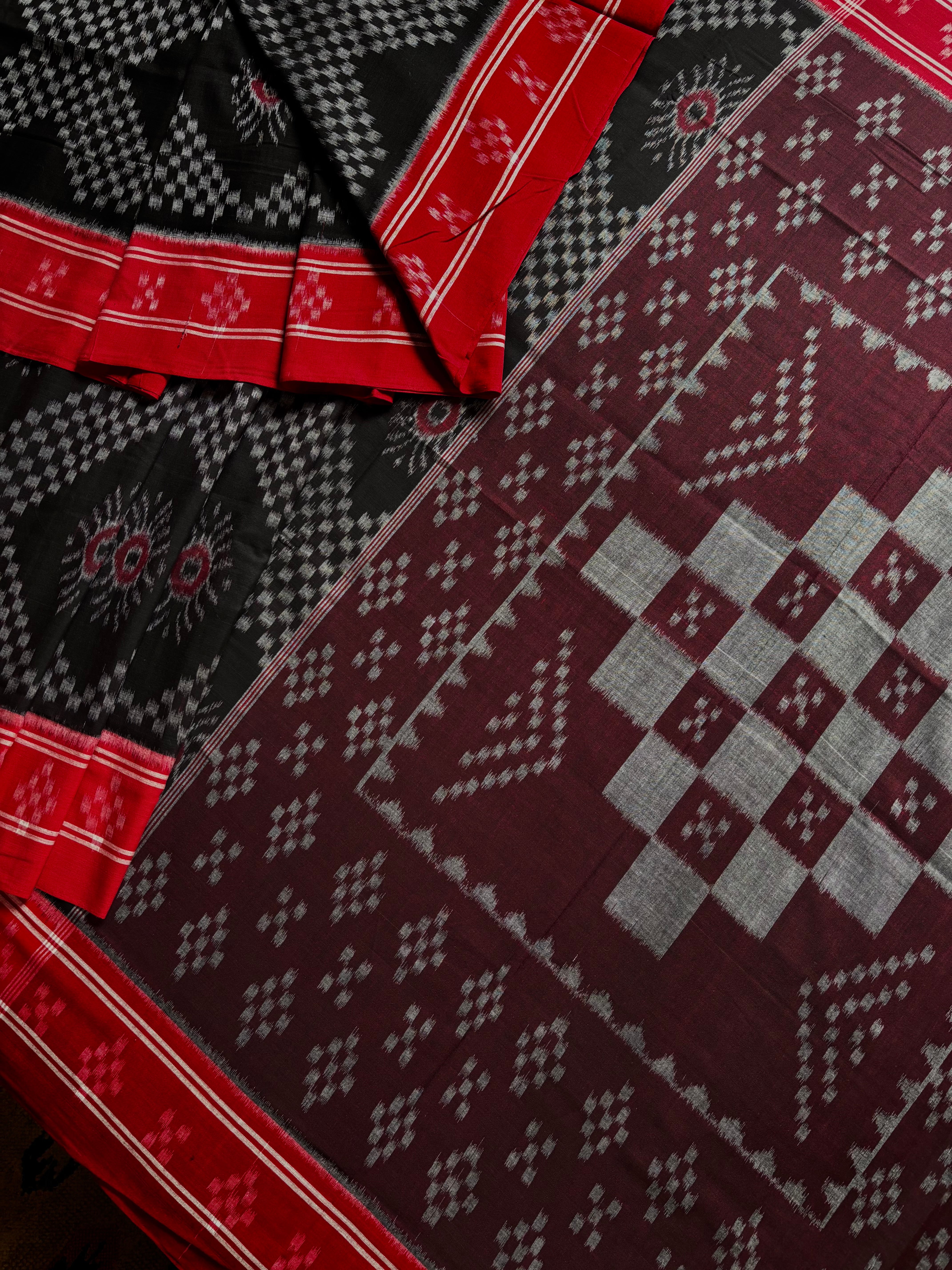 Handwoven Black Red Odisha Cotton Ikkat Saree
