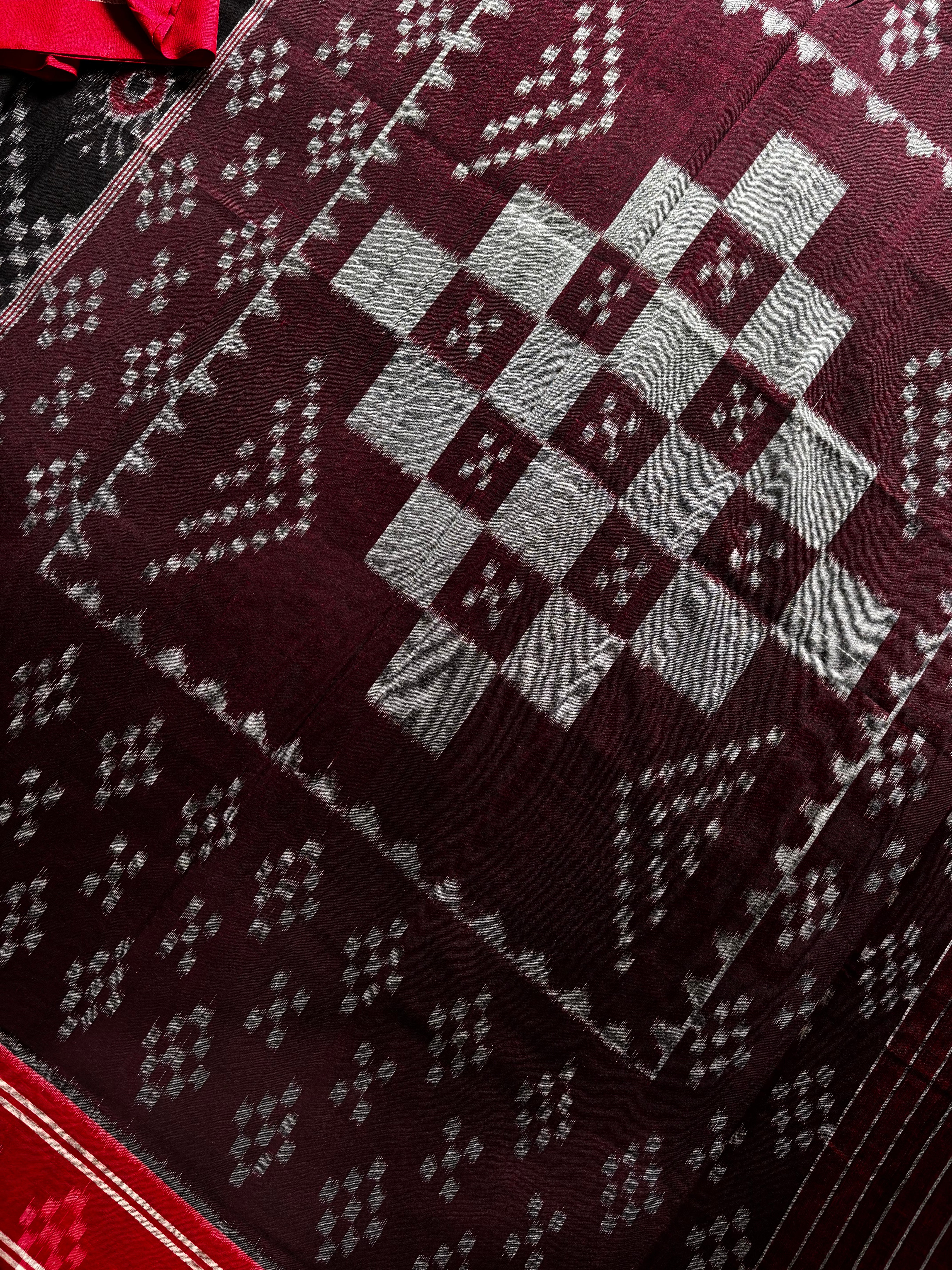 Handwoven Black Red Odisha Cotton Ikkat Saree