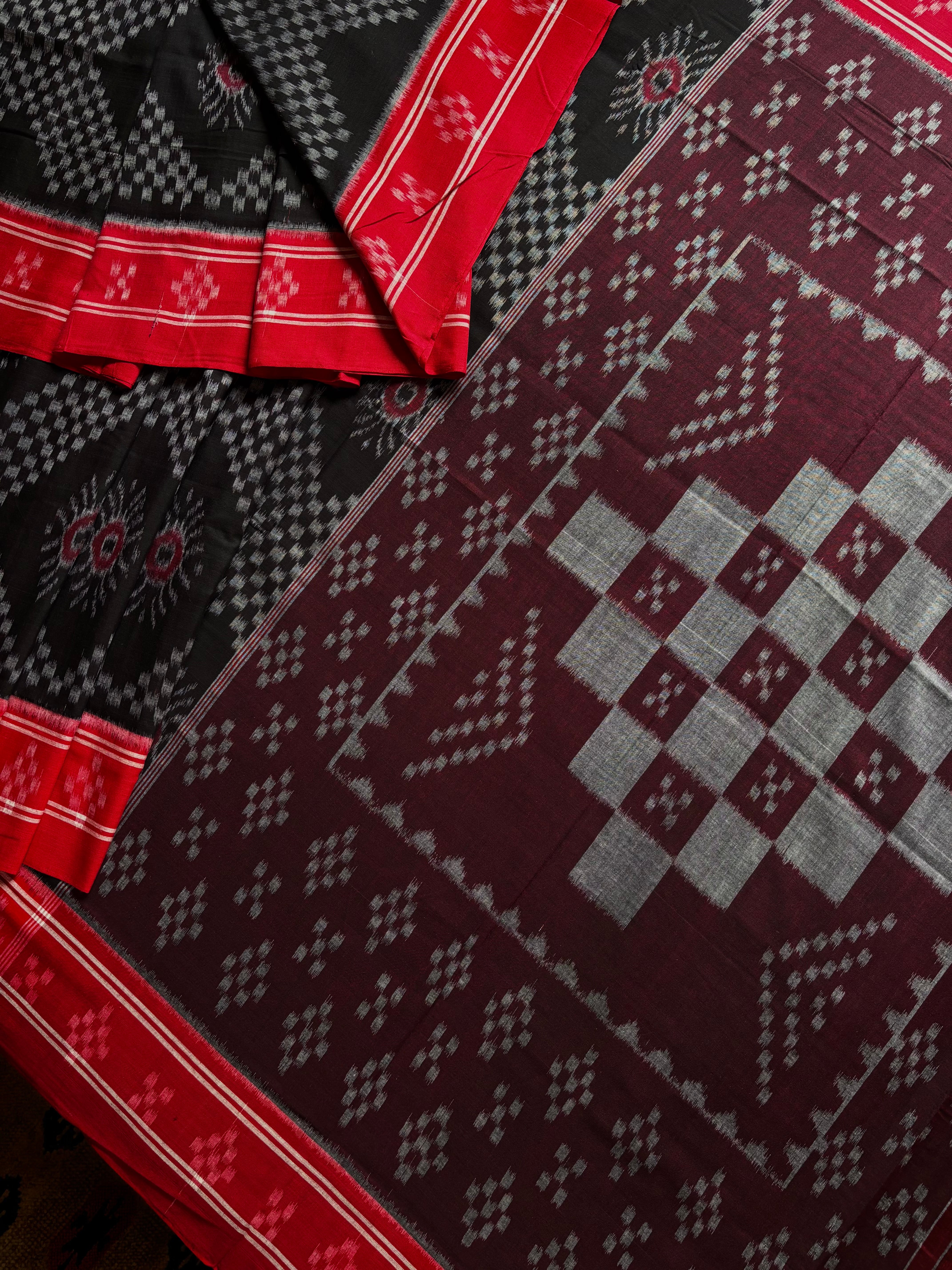 Handwoven Black Red Odisha Cotton Ikkat Saree