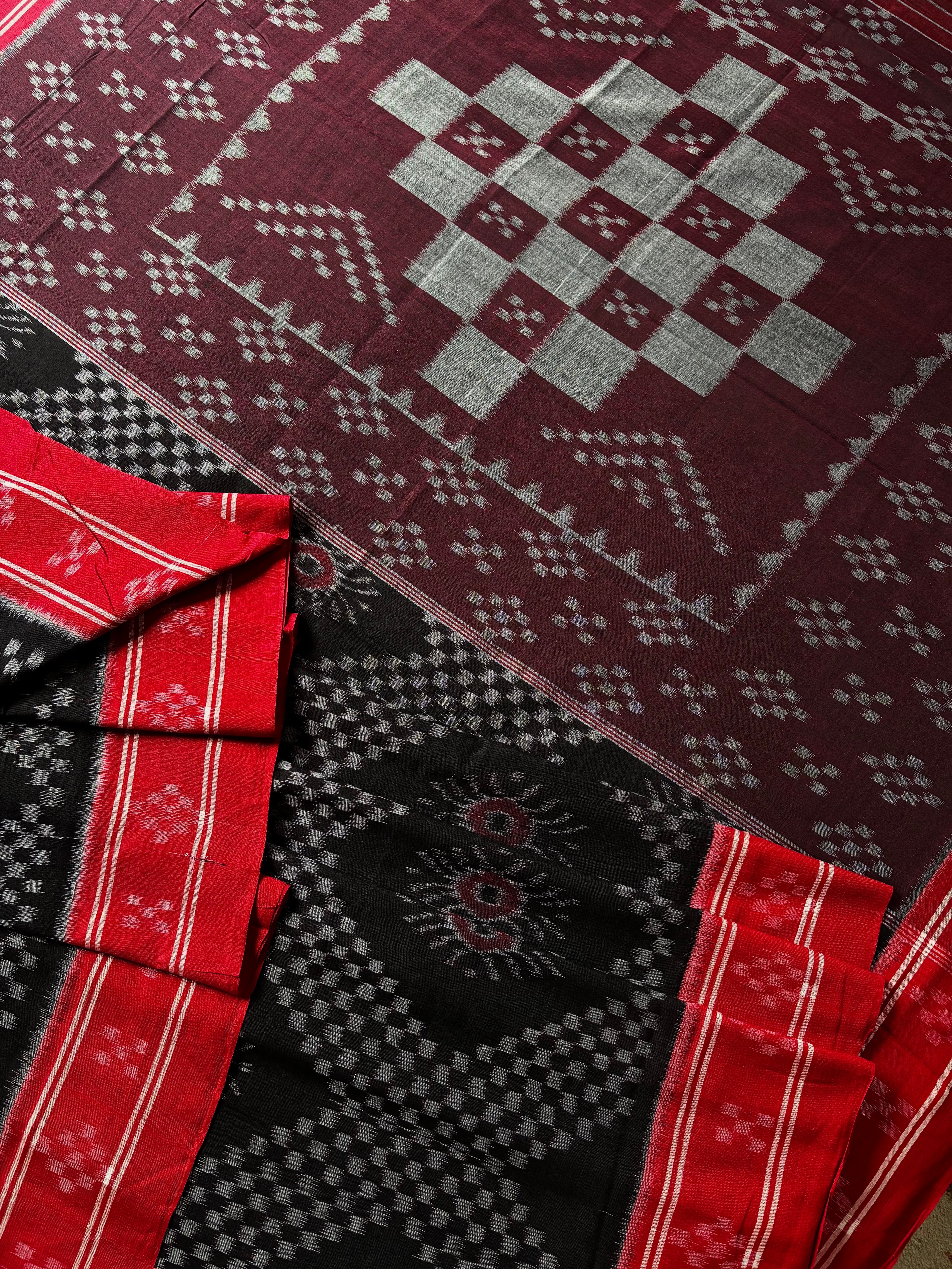 Handwoven Black Red Odisha Cotton Ikkat Saree
