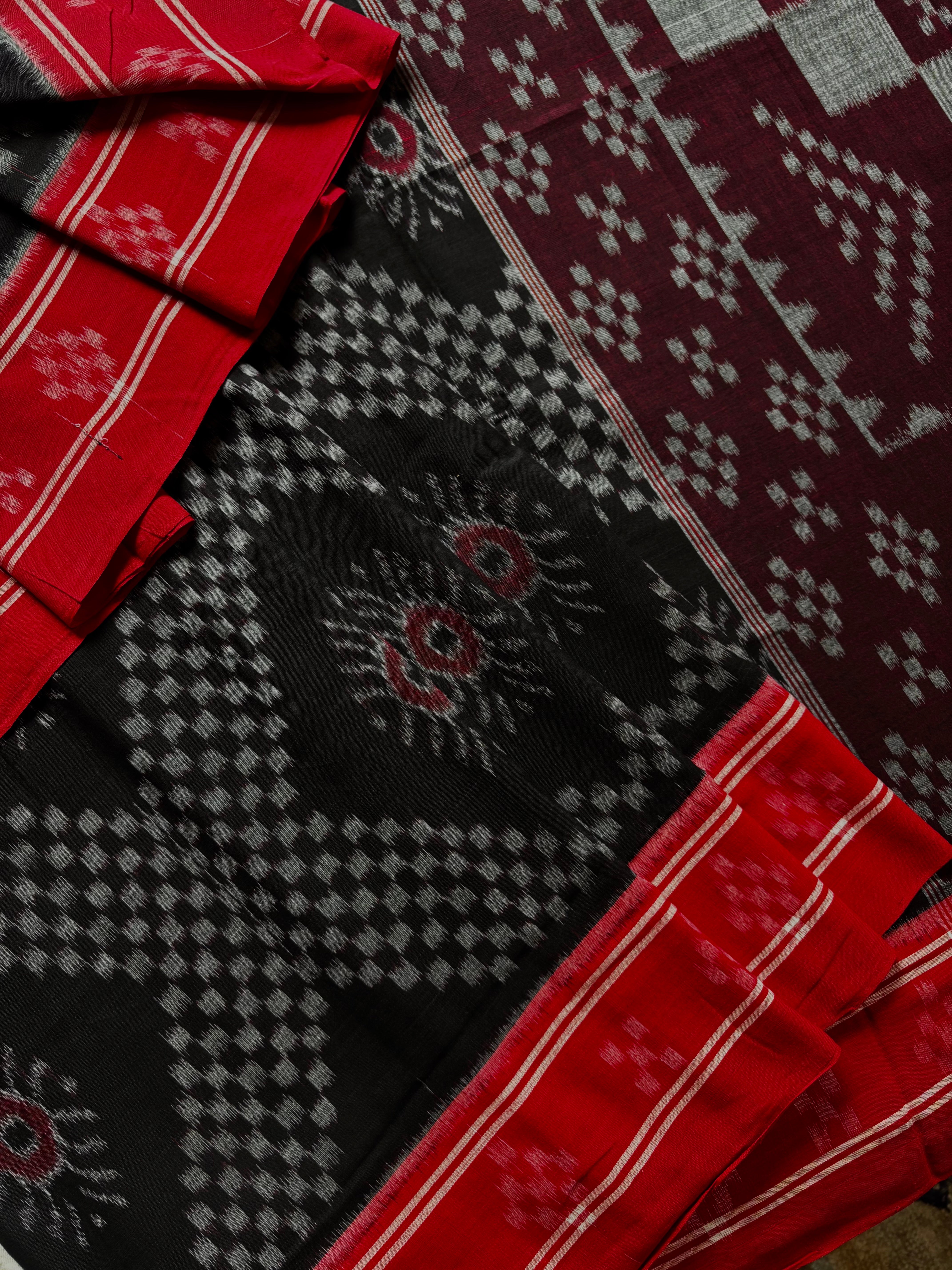 Handwoven Black Red Odisha Cotton Ikkat Saree