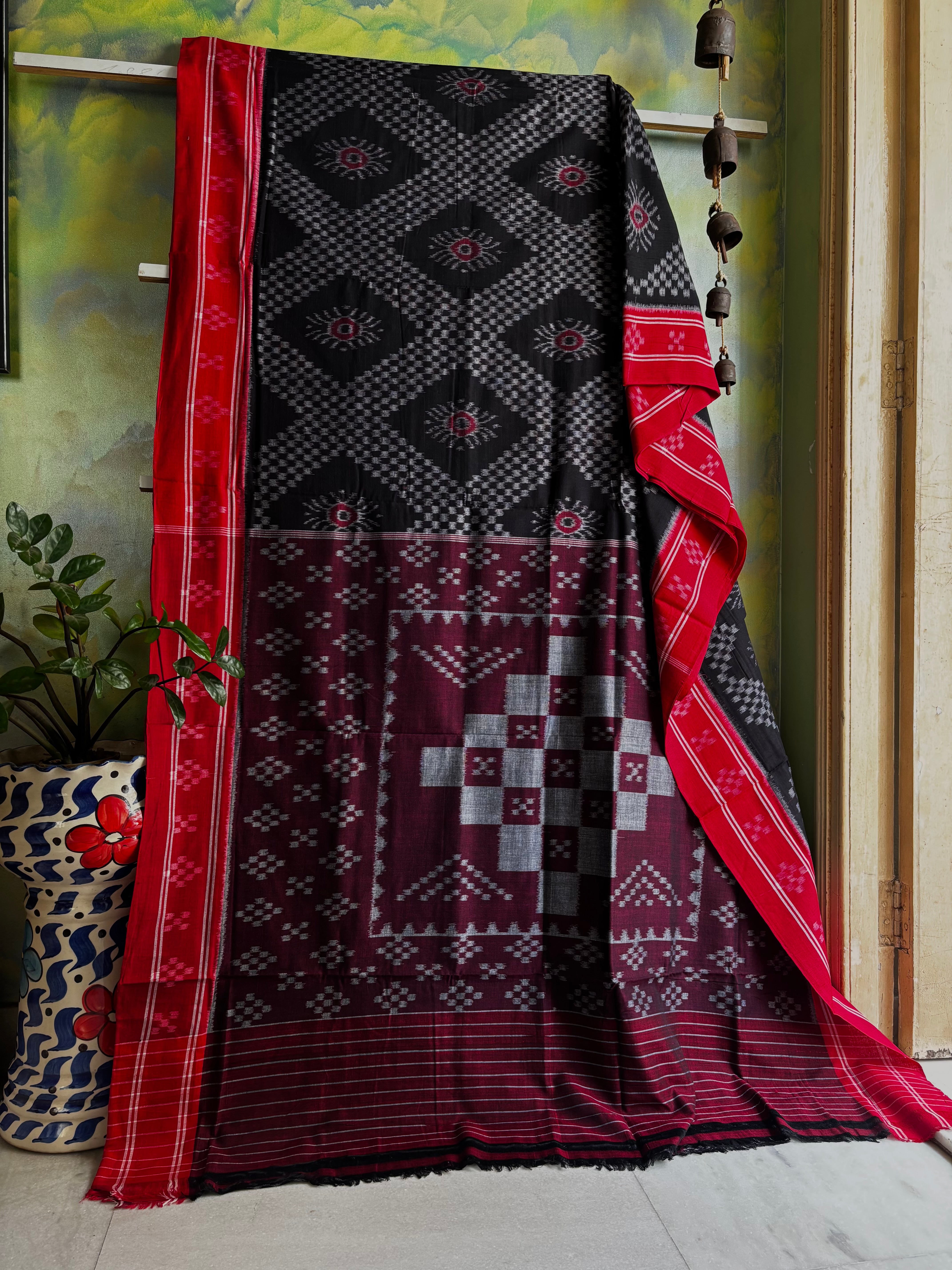 Handwoven Black Red Odisha Cotton Ikkat Saree