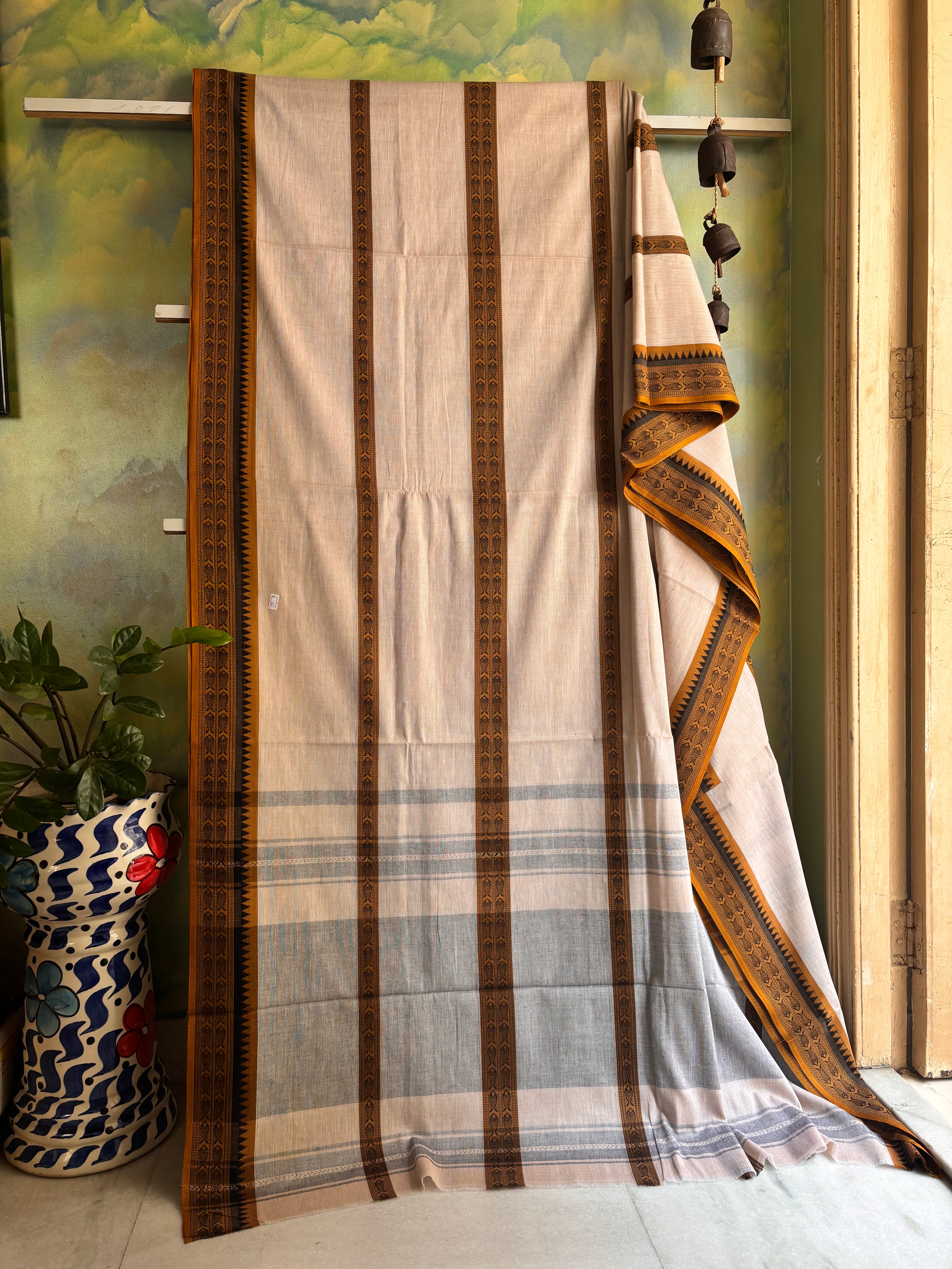 Handwoven Light Beige Colour Cotton Dhonekhali Saree
