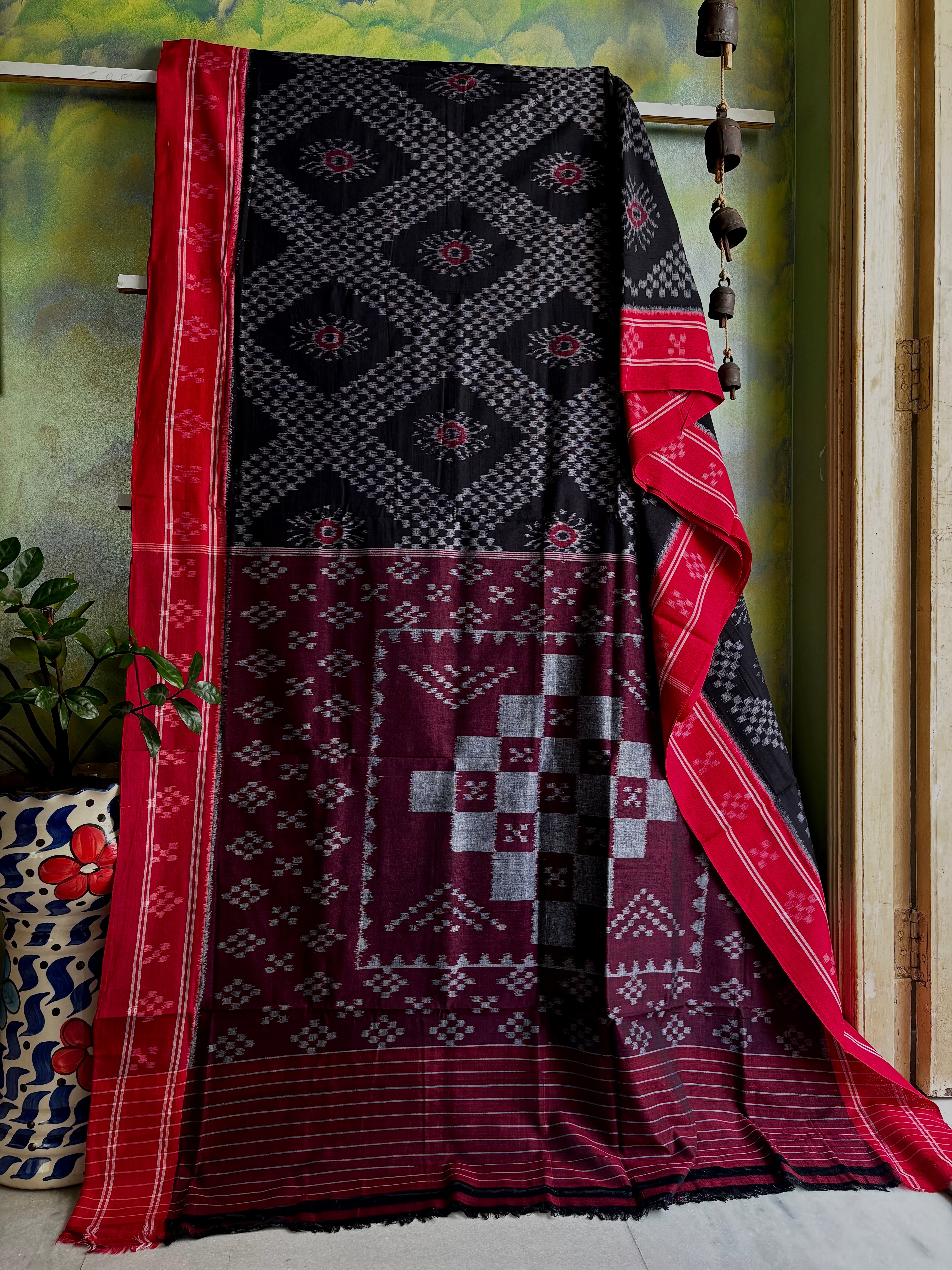 Handwoven Black Red Odisha Cotton Ikkat Saree