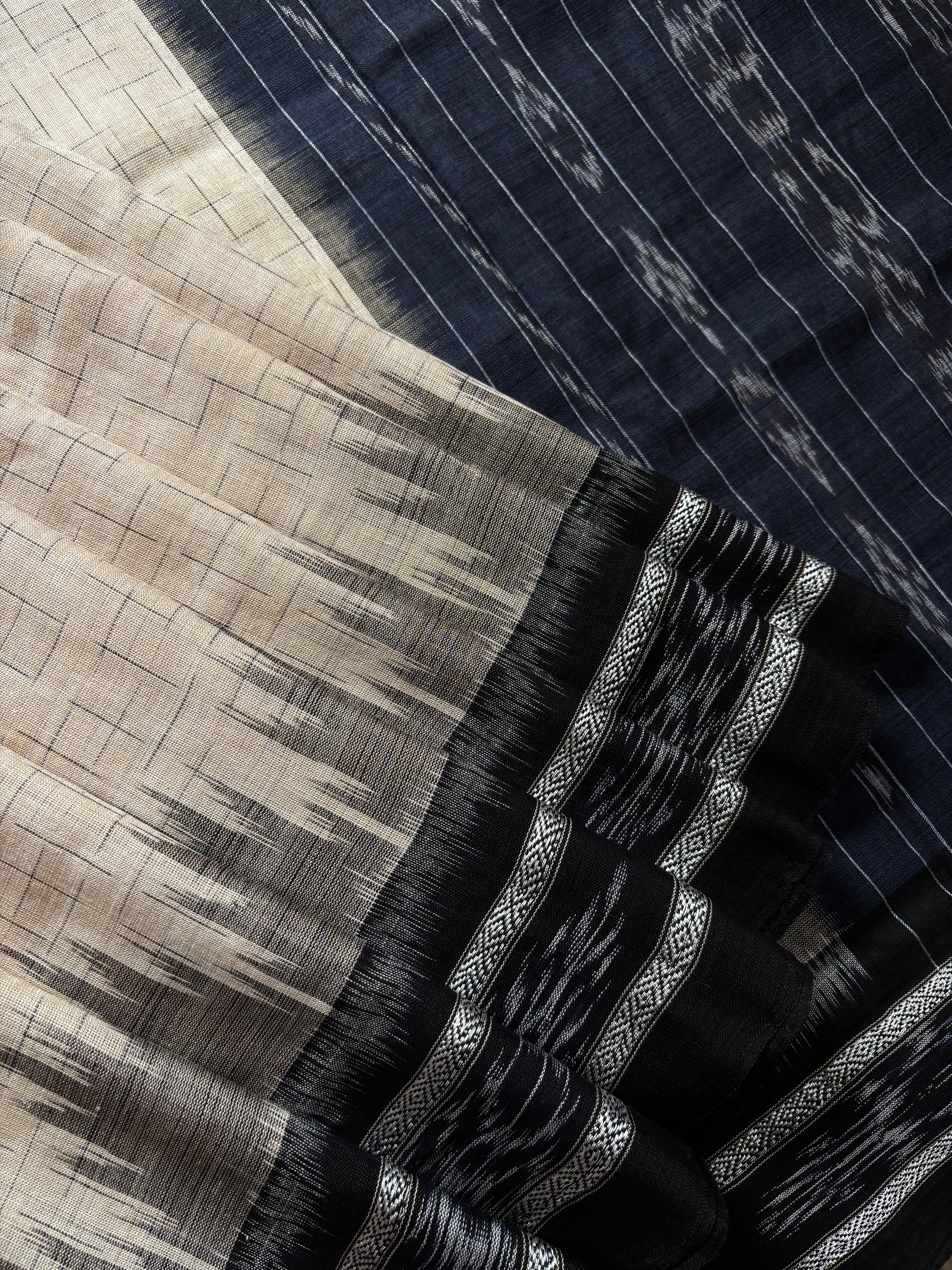 Handwoven Cream Black Odisha Cotton Ikkat Saree