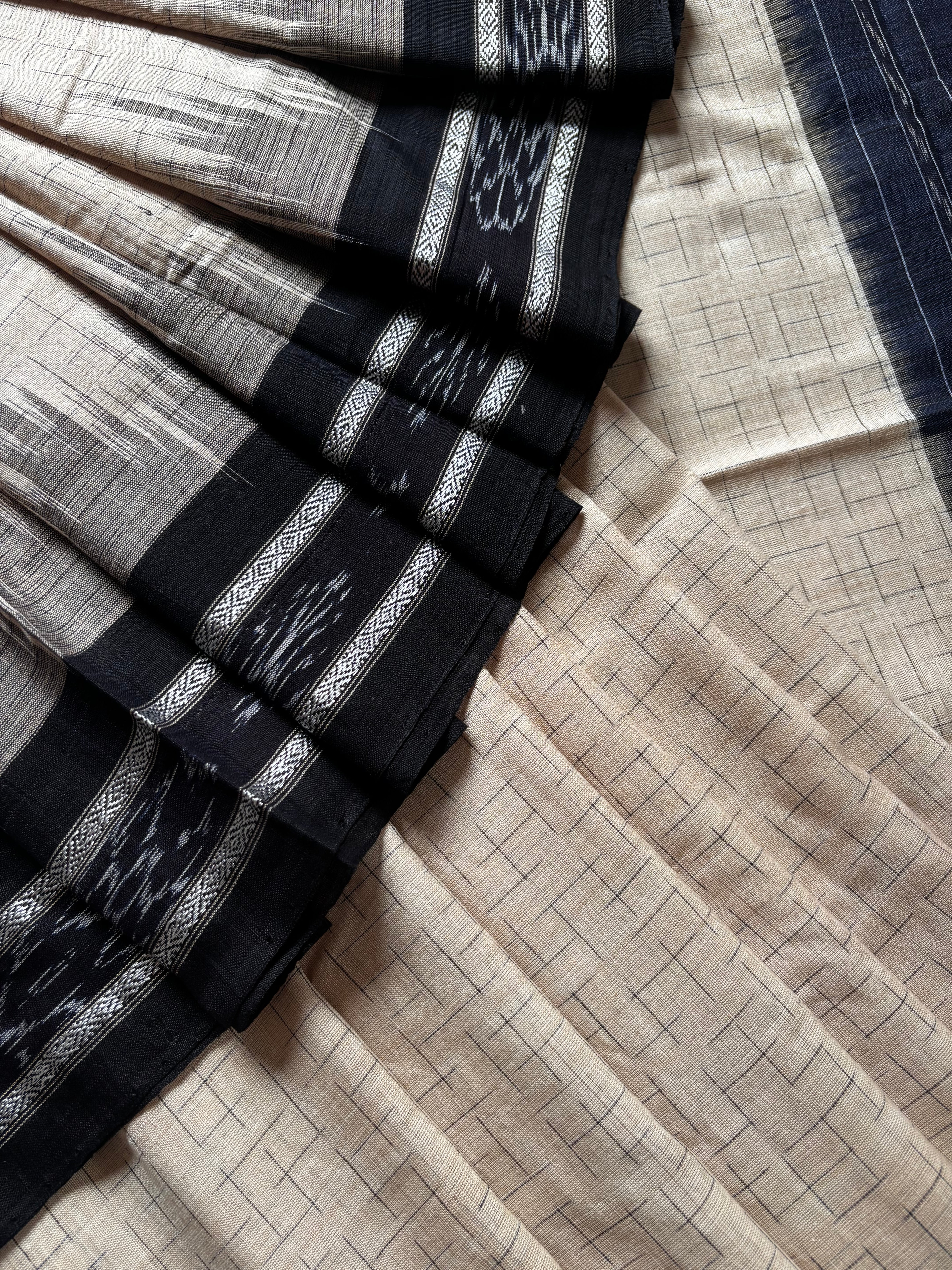 Handwoven Cream Black Odisha Cotton Ikkat Saree