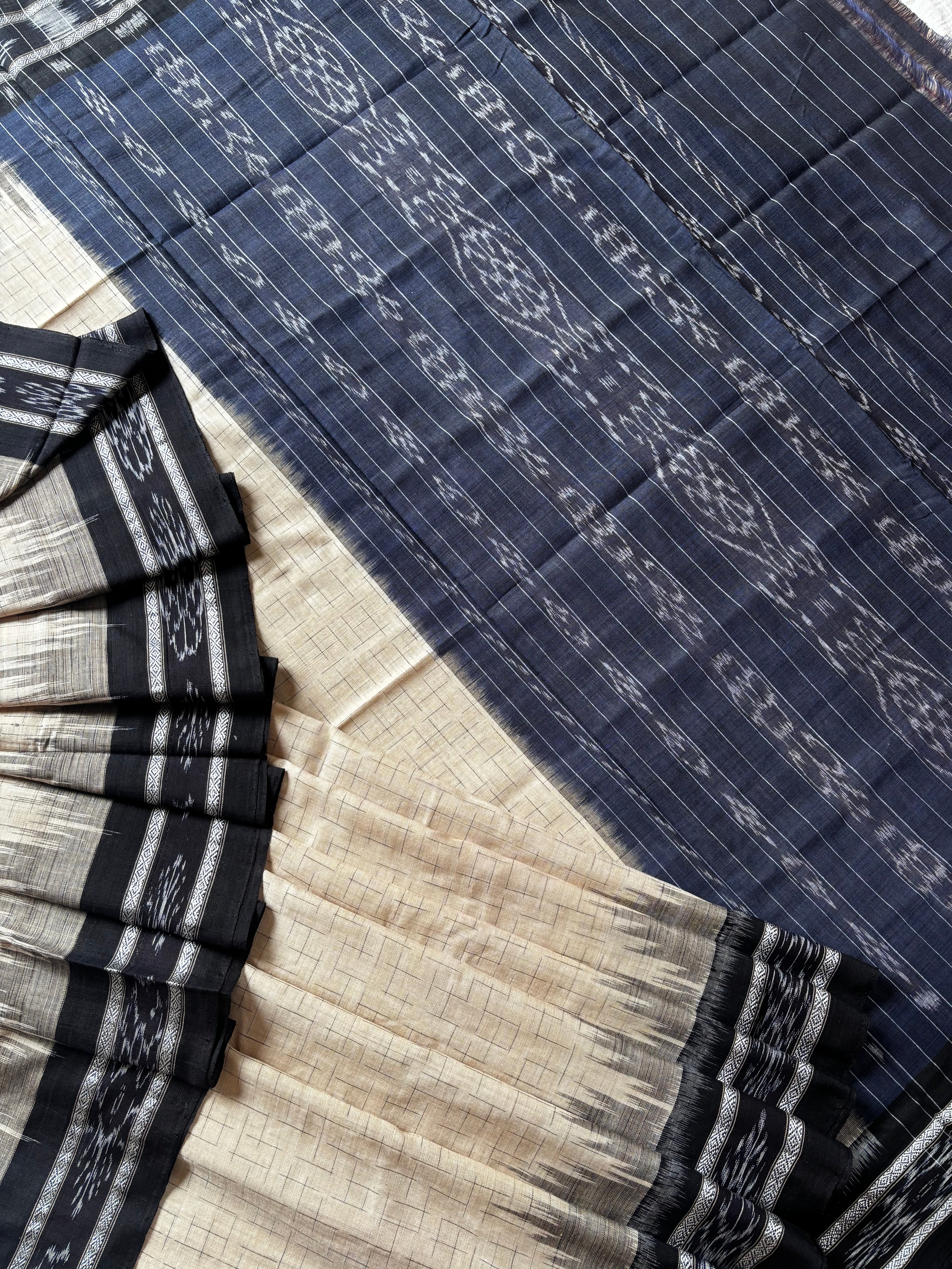 Handwoven Cream Black Odisha Cotton Ikkat Saree