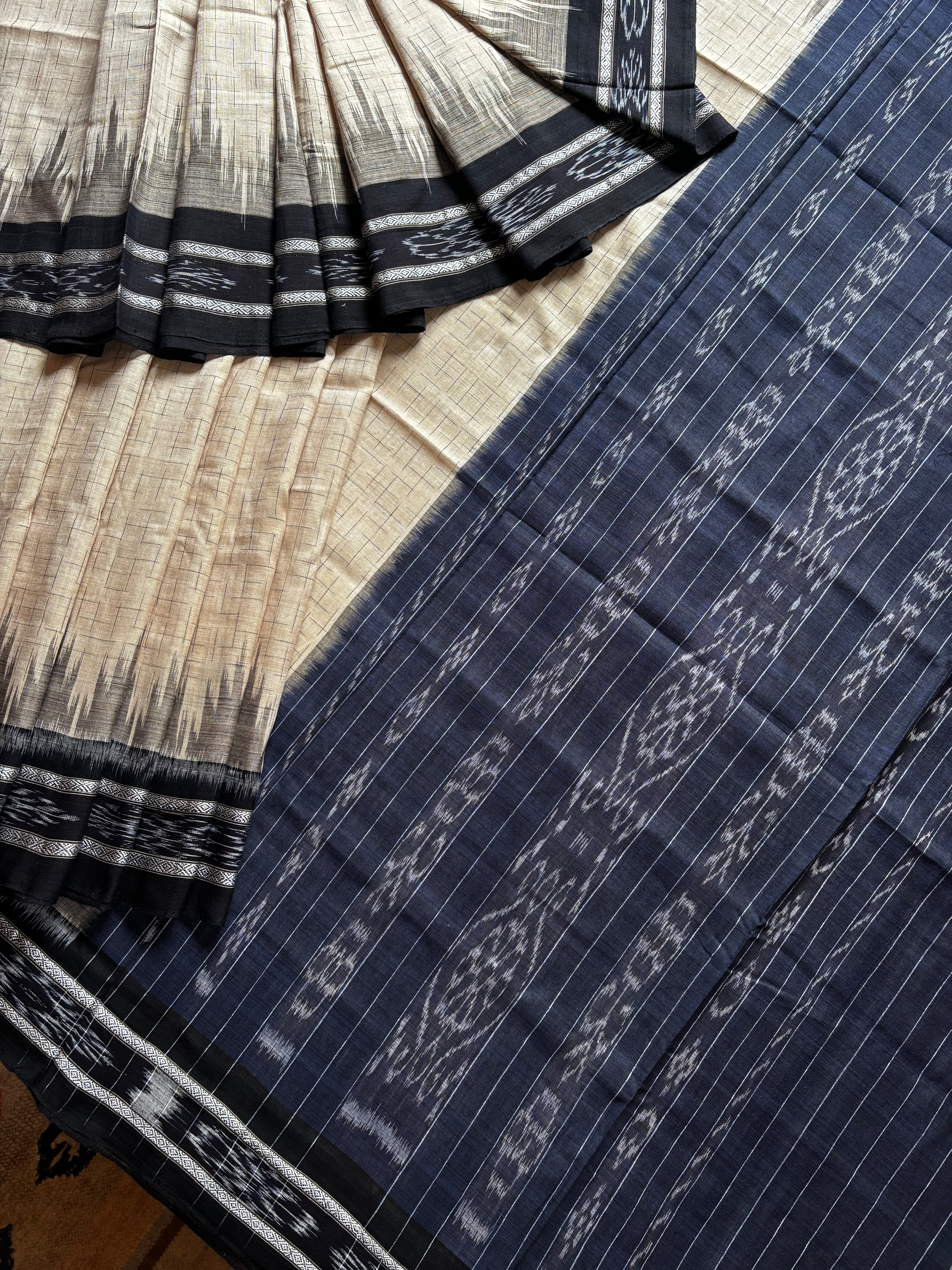 Handwoven Cream Black Odisha Cotton Ikkat Saree