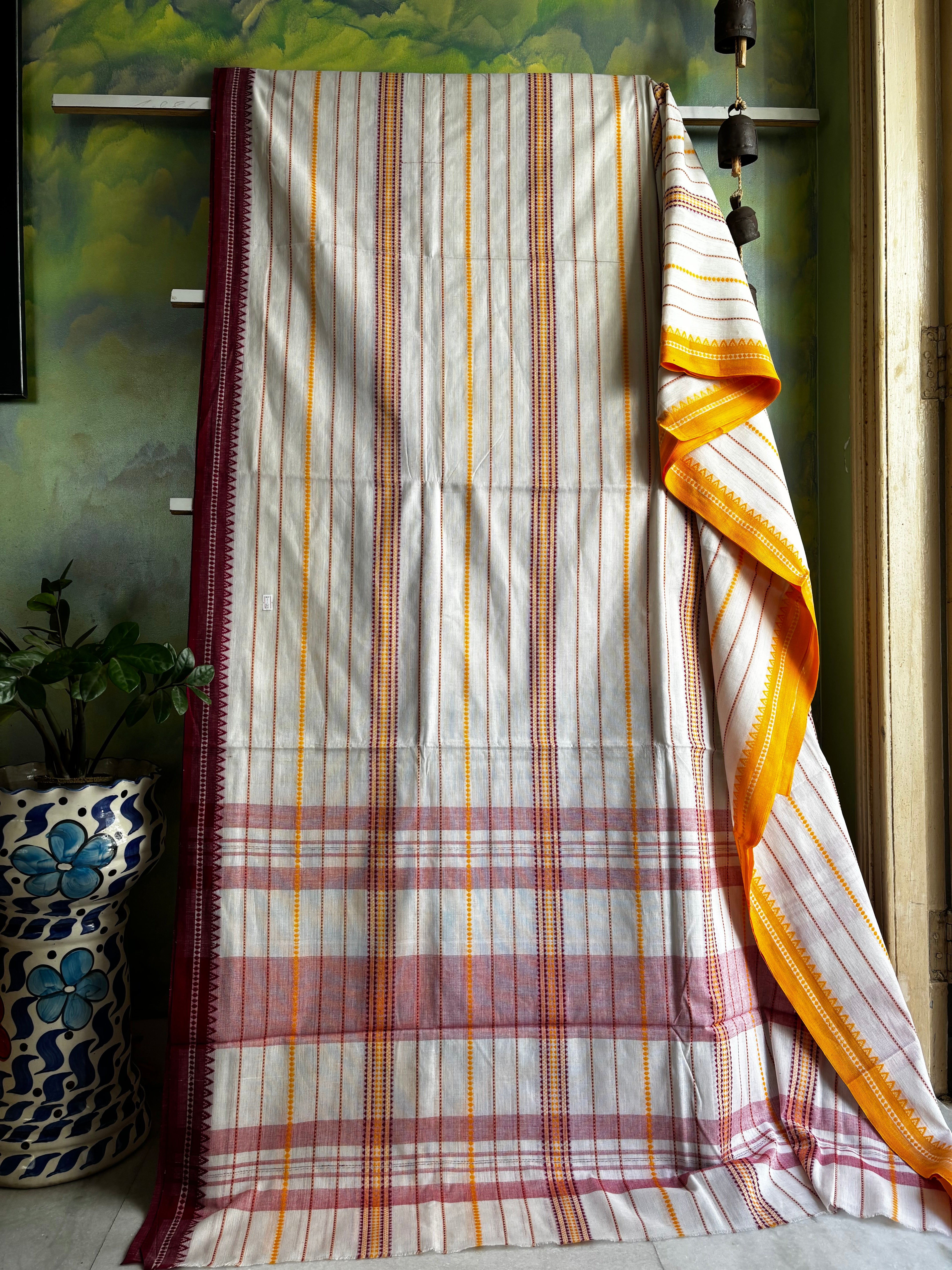 Handwoven White Maroon Dhonekhali Cotton Saree