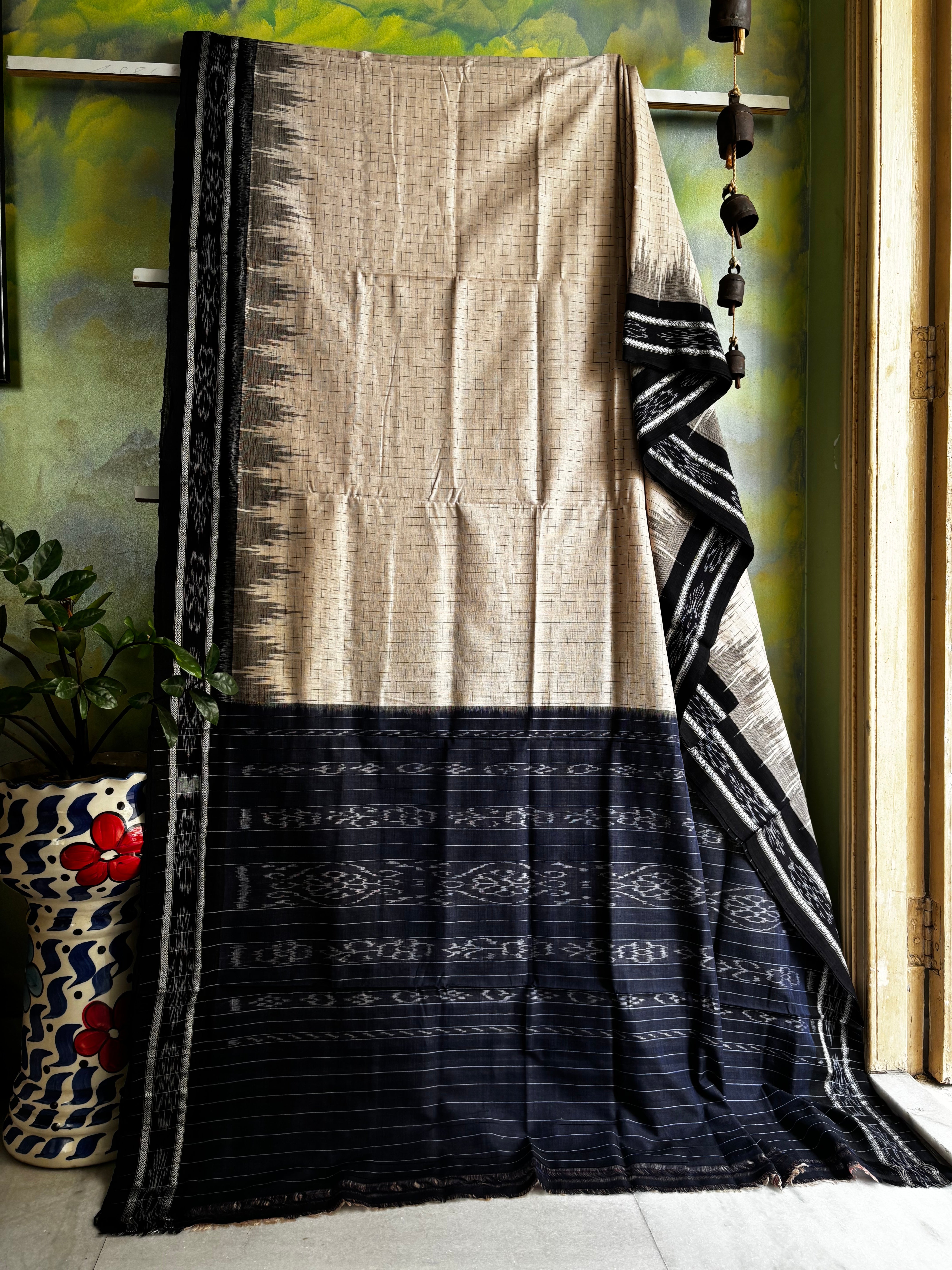 Handwoven Cream Black Odisha Cotton Ikkat Saree