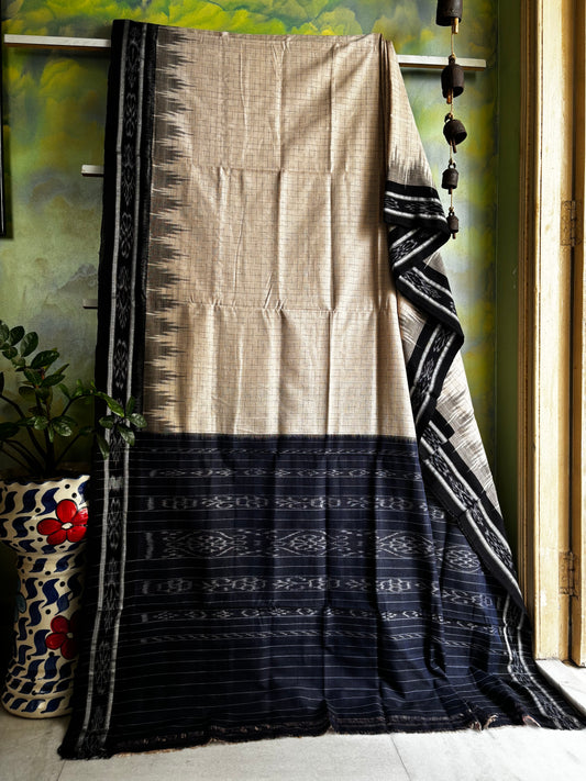 Handwoven Cream Black Odisha Cotton Ikkat Saree