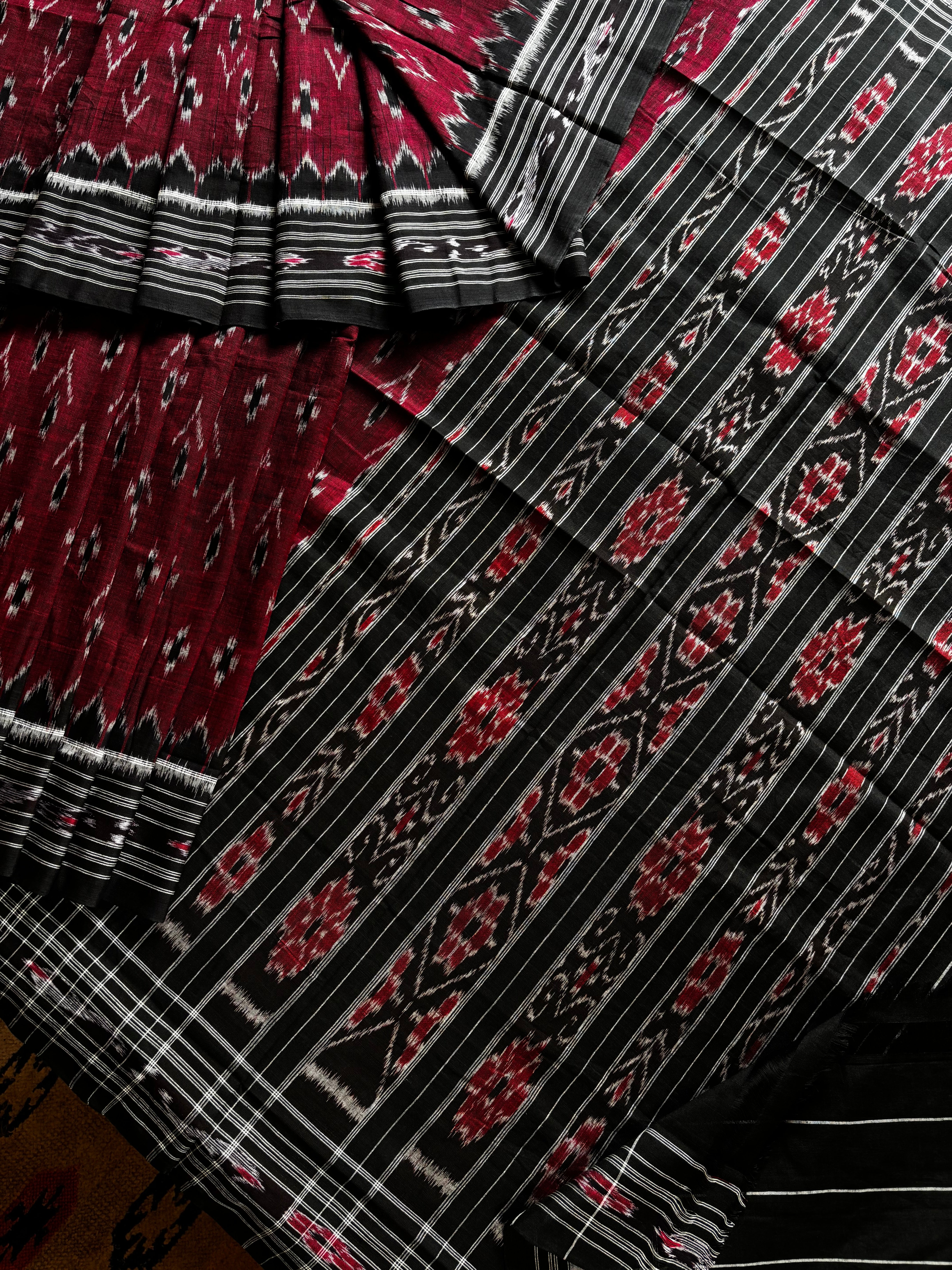 Handwoven Maroon Black Odisha Cotton Ikkat Saree
