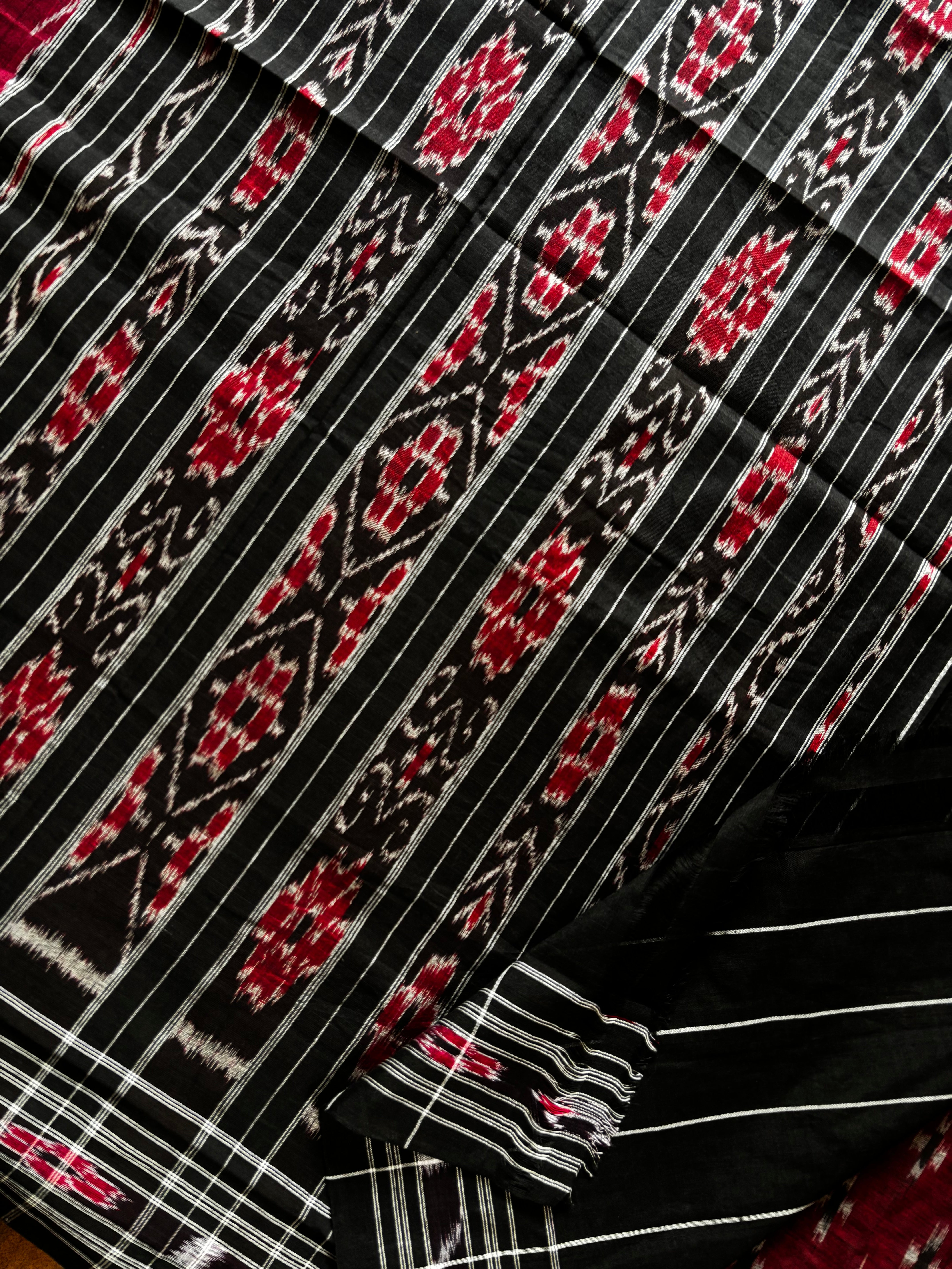 Handwoven Maroon Black Odisha Cotton Ikkat Saree