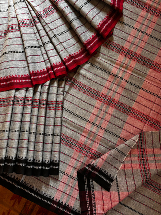 Handwoven Grey Colour Dhonekhali Cotton Saree