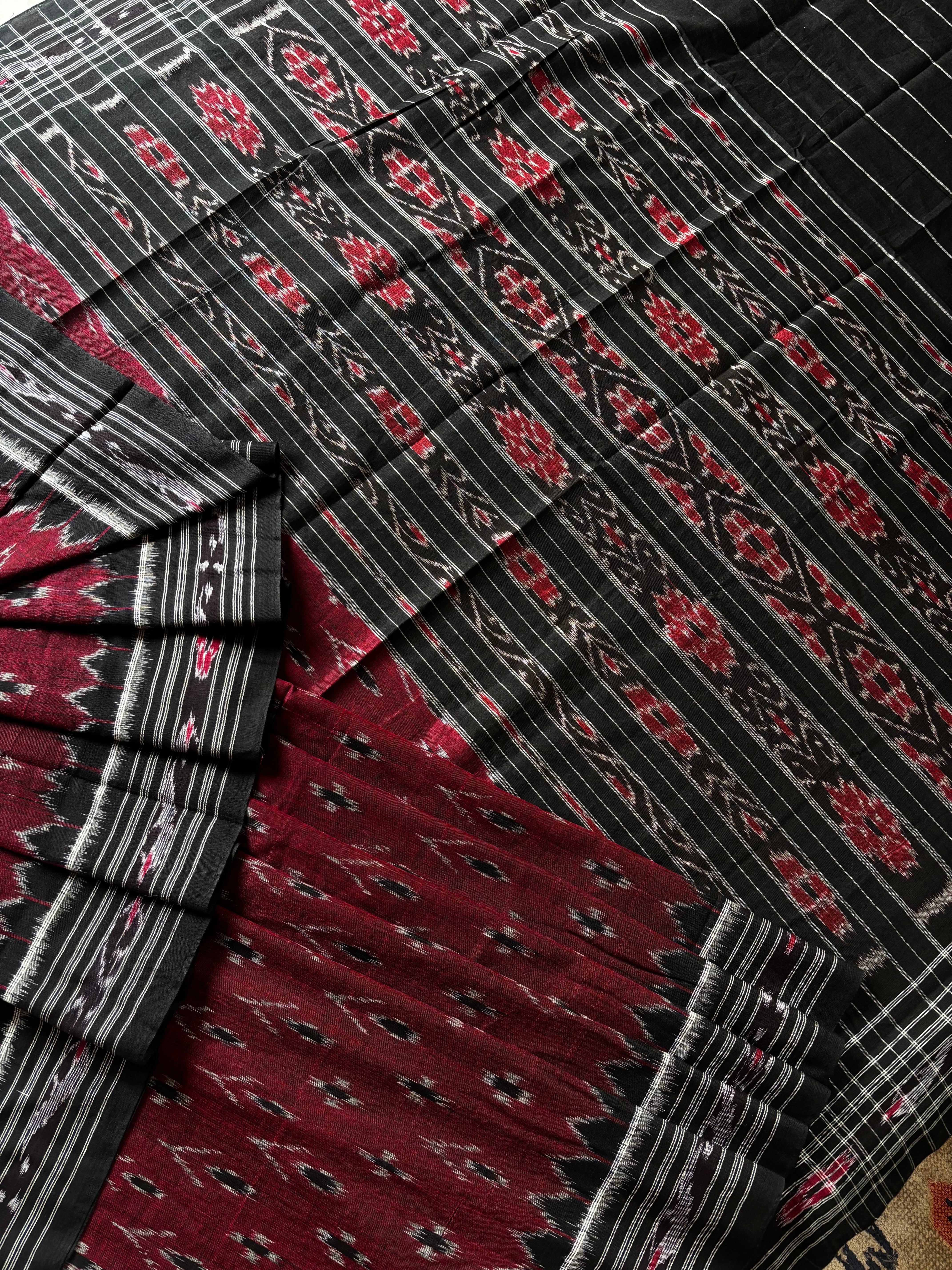 Handwoven Maroon Black Odisha Cotton Ikkat Saree