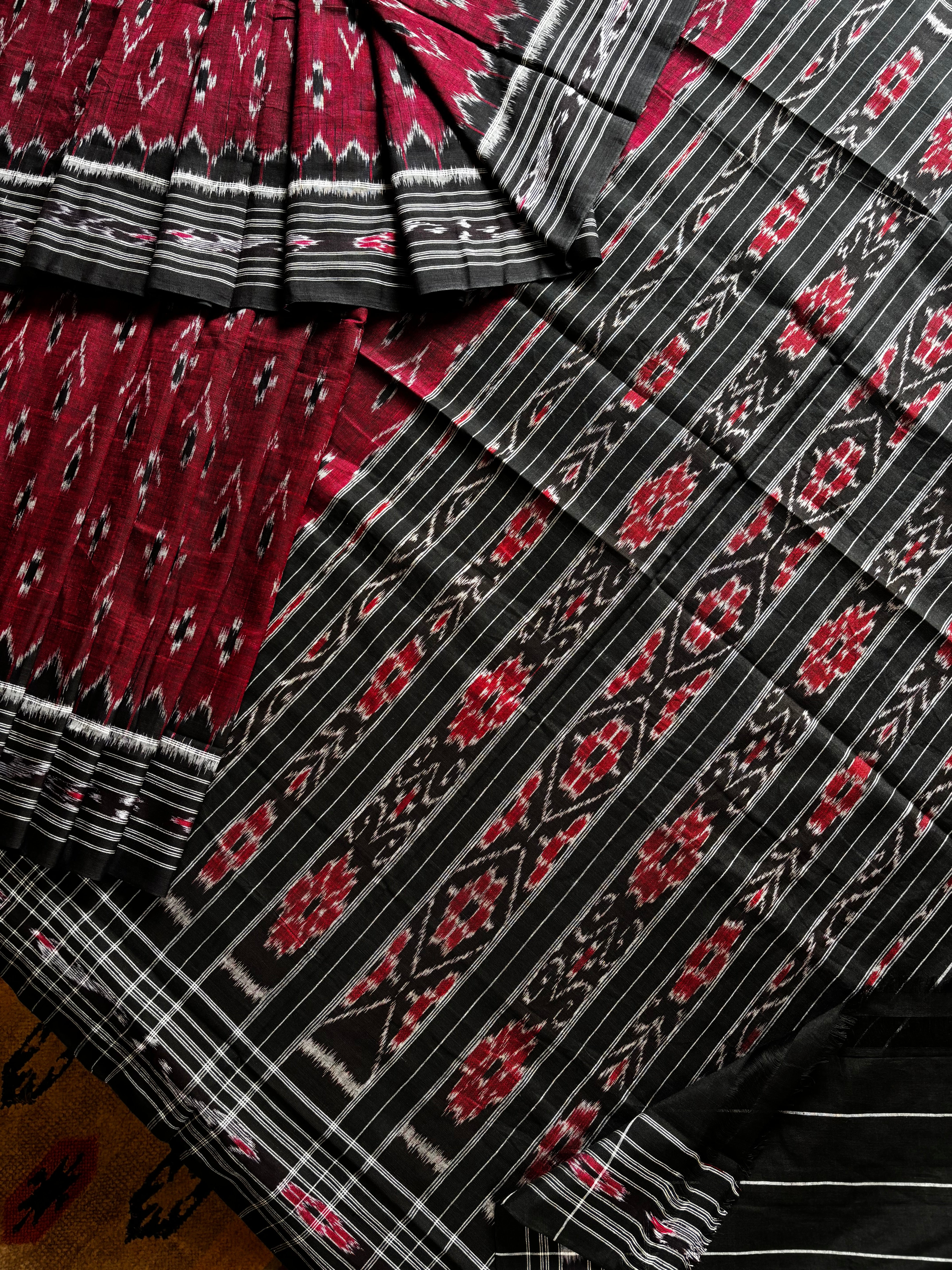 Handwoven Maroon Black Odisha Cotton Ikkat Saree