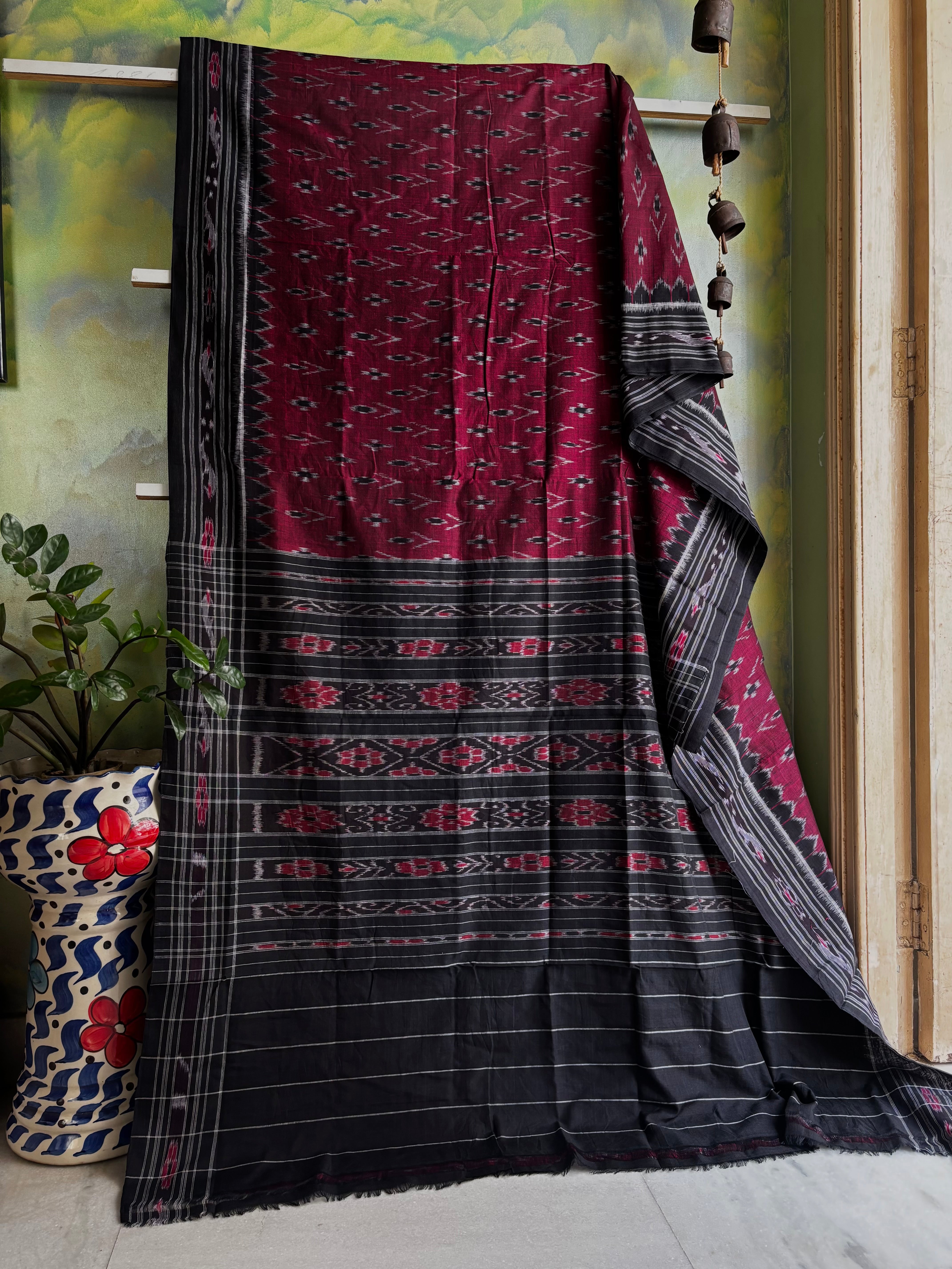 Handwoven Maroon Black Odisha Cotton Ikkat Saree