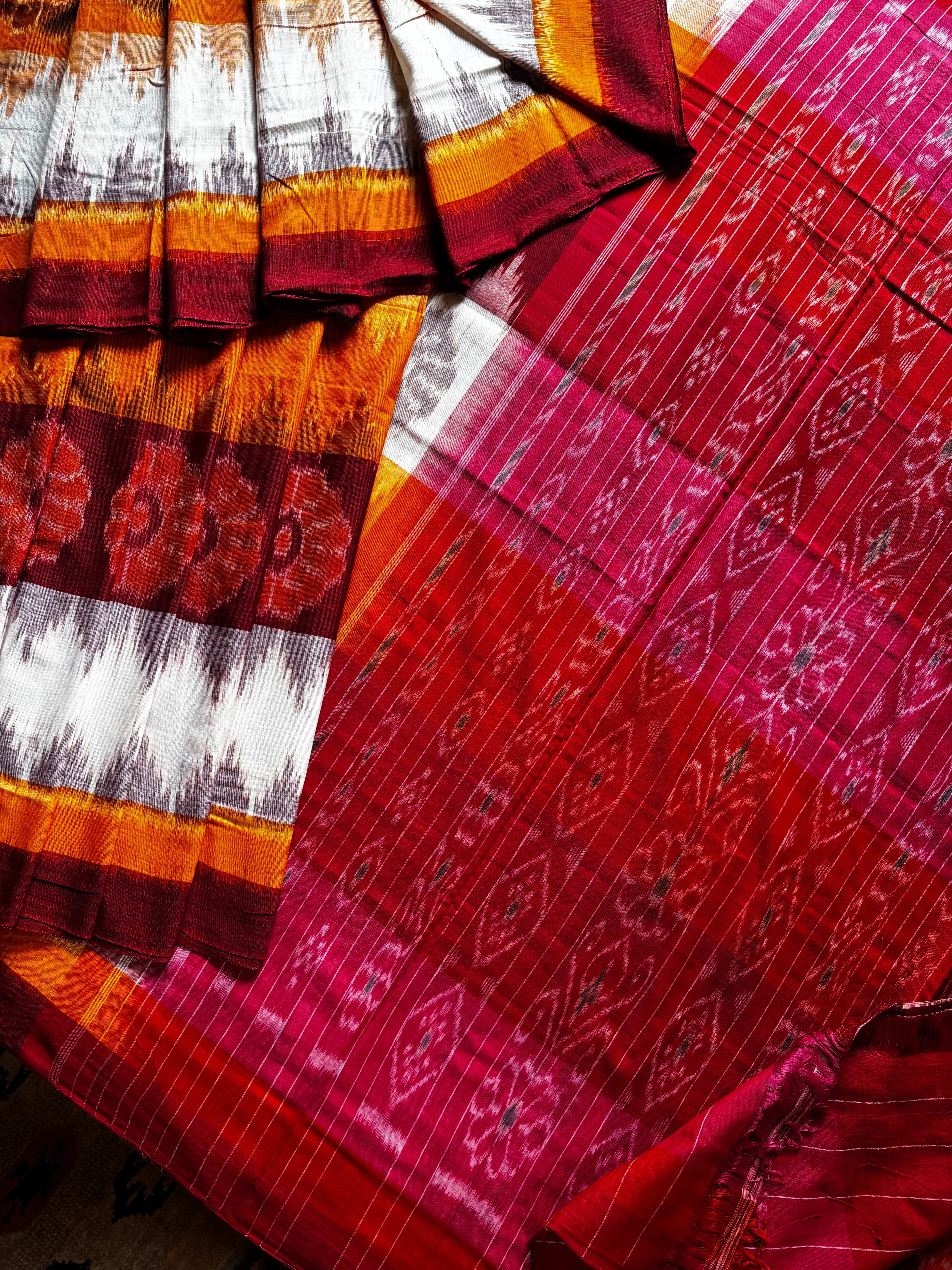 Handwoven White Yellow Red Odisha Cotton Ikkat Saree