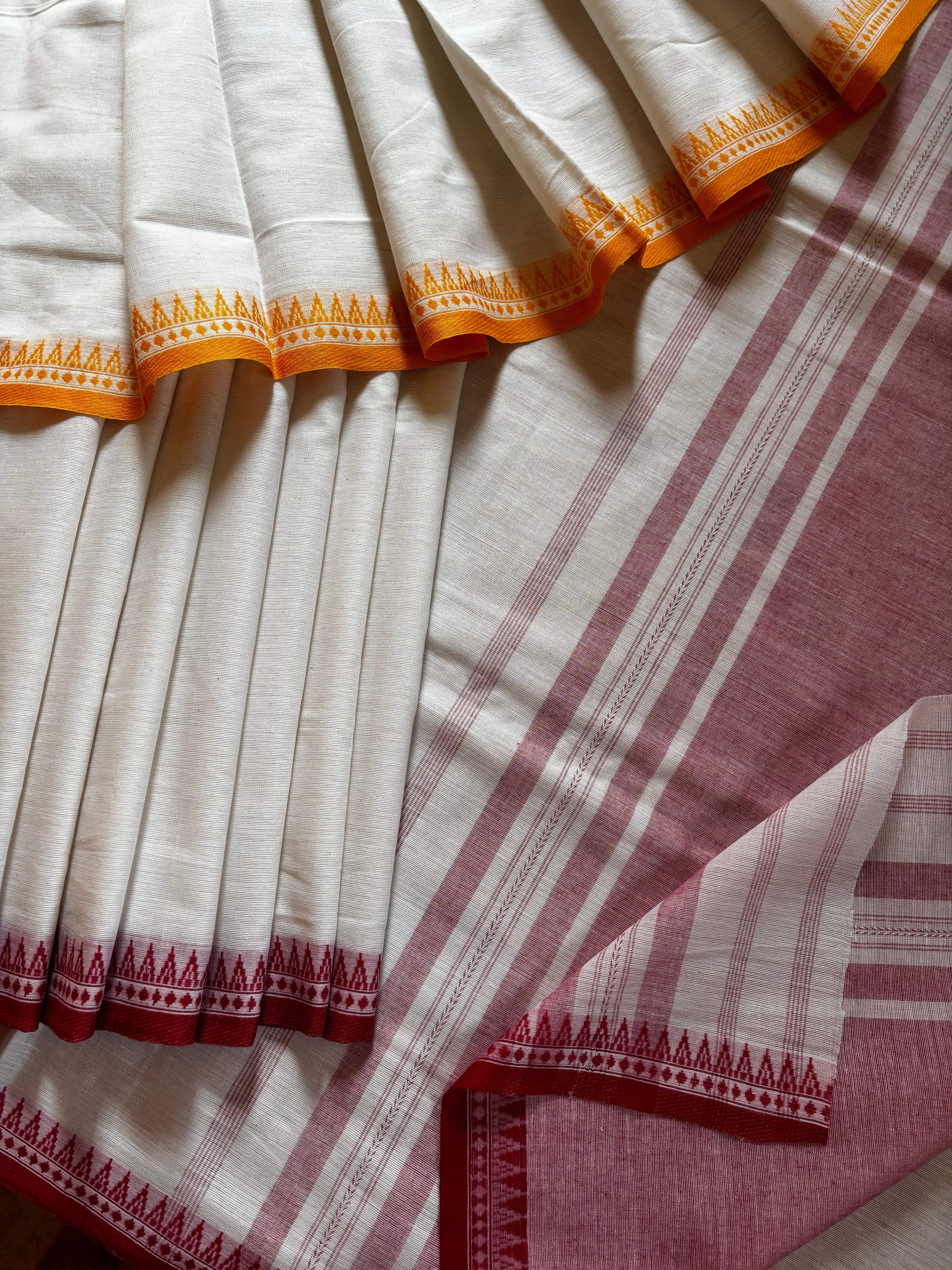 Handwoven White Red Yellow Dhonekhali Cotton Saree