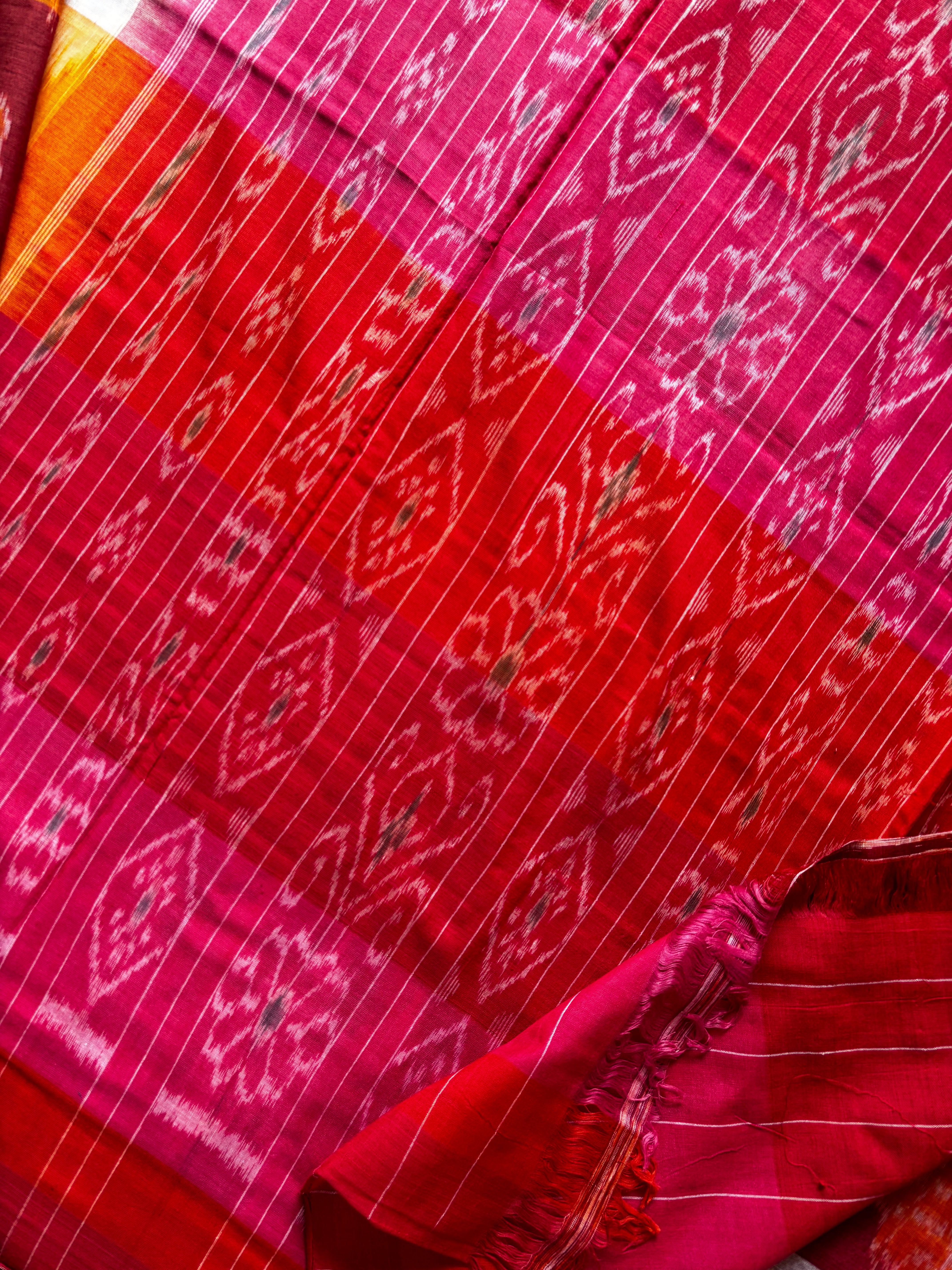 Handwoven White Yellow Red Odisha Cotton Ikkat Saree