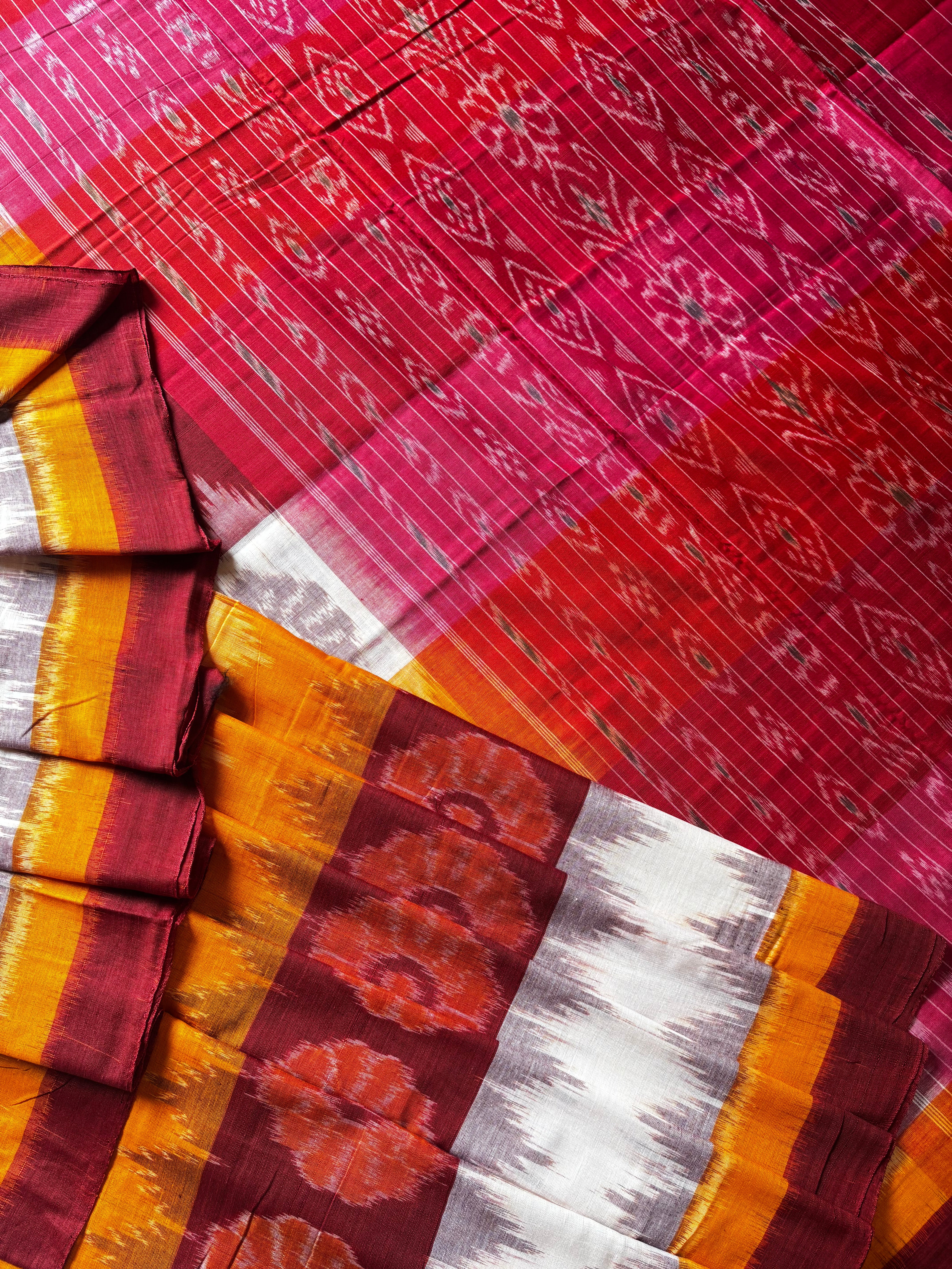 Handwoven White Yellow Red Odisha Cotton Ikkat Saree