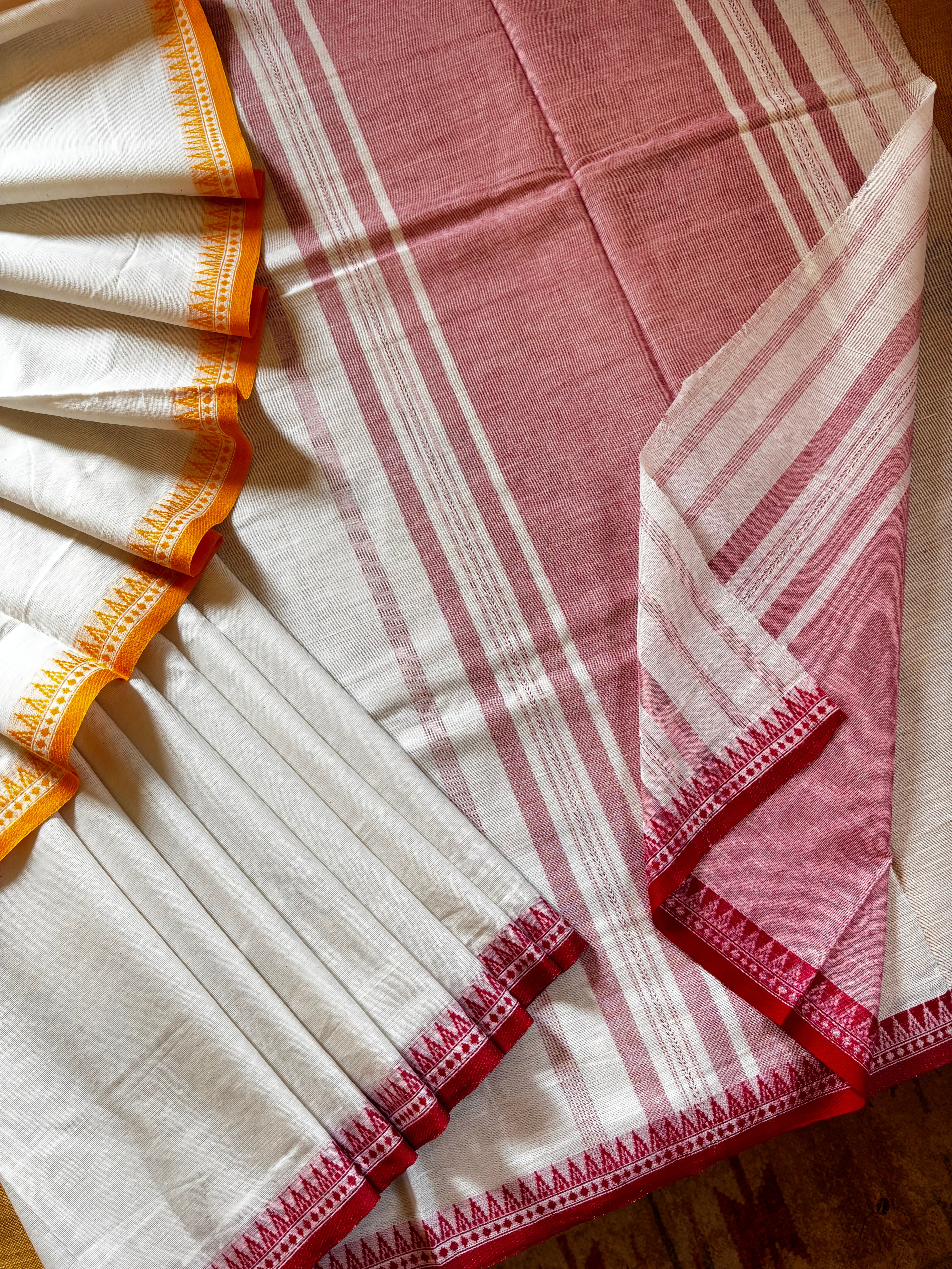 Handwoven White Red Yellow Dhonekhali Cotton Saree